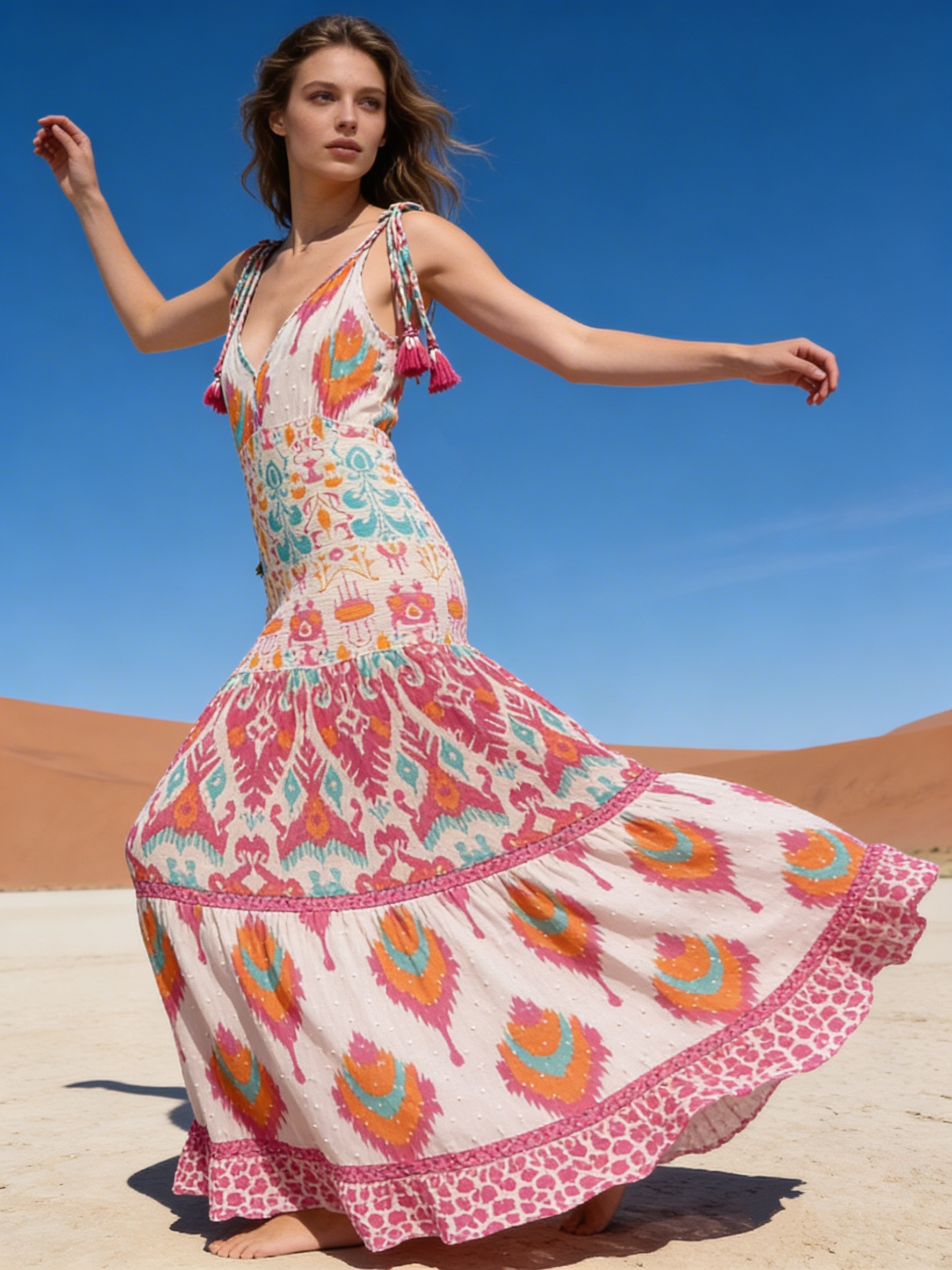 Wholesaler Last Queen - Long dress with thin straps, ethnic print with Lurex, flared cut