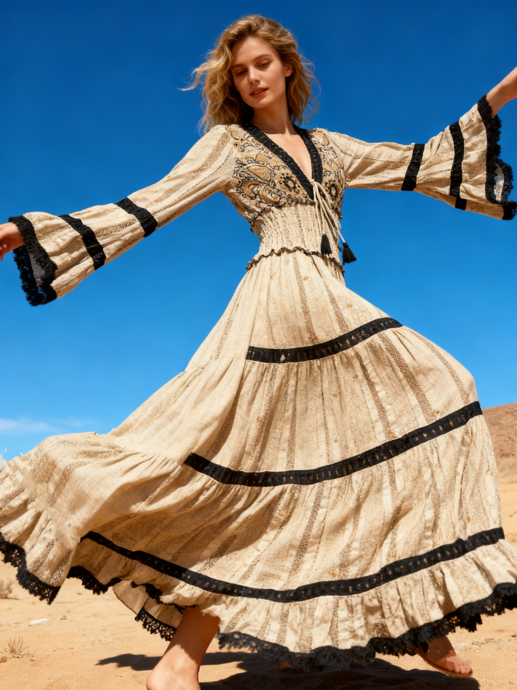 Wholesaler Last Queen - Long dress in fine knit with sequin embroidery, V-neck with lining