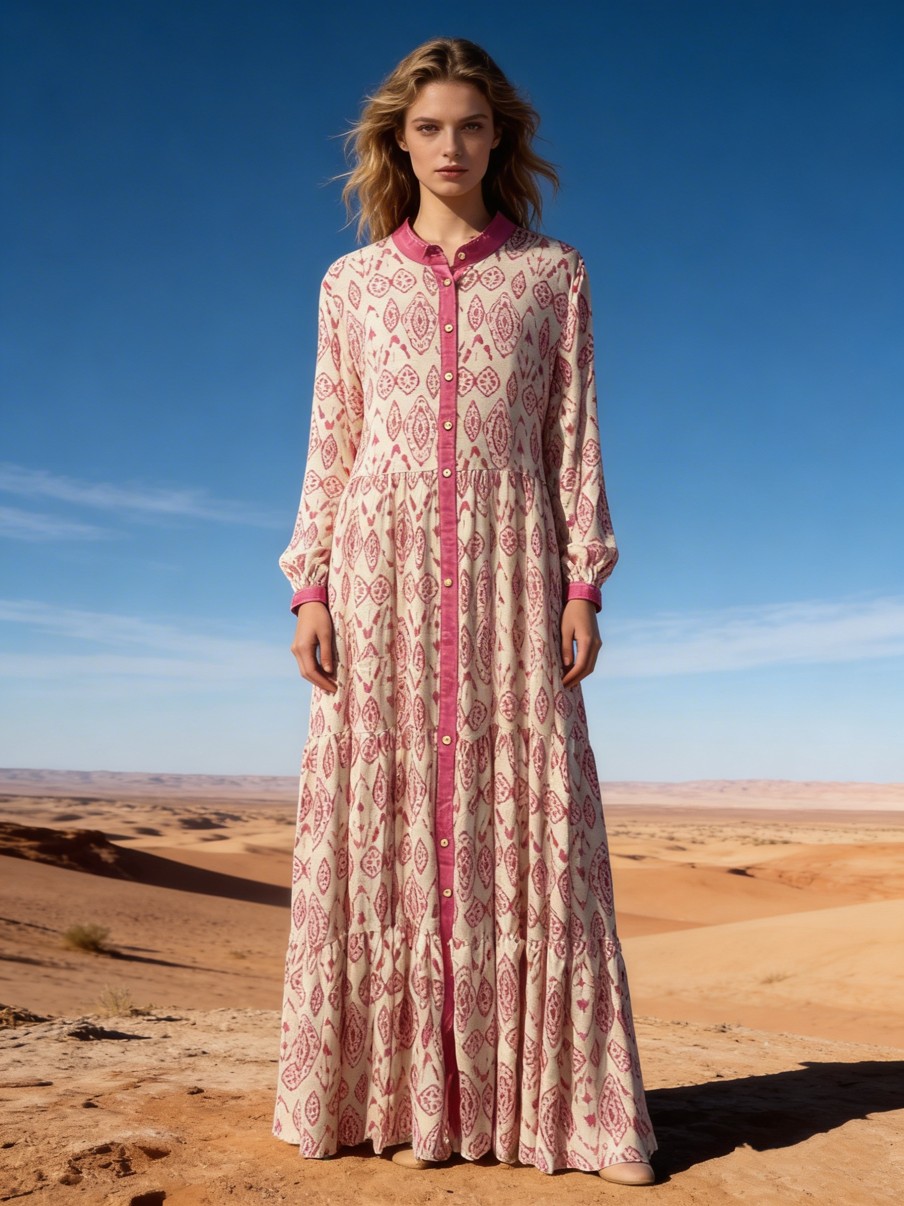 Mayorista Last Queen - Vestido largo estampado, corte acampanado con tejido texturizado, abotonado al frente