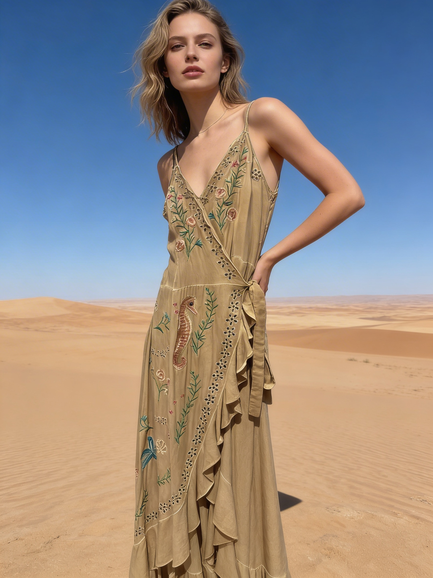 Wholesaler Last Queen - Long wrap dress with straps featuring floral embroidery and front asymmetry