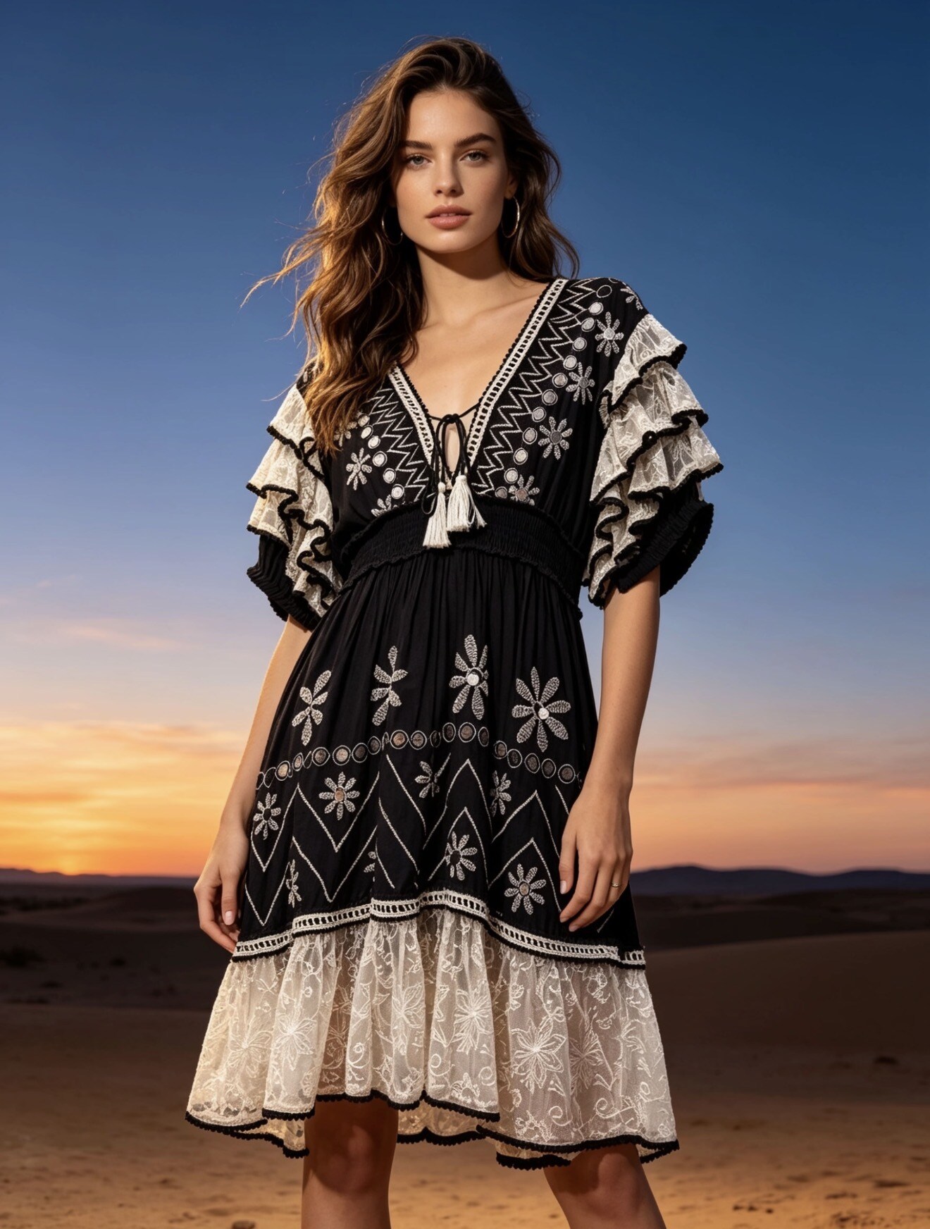 Wholesaler Last Queen - Mid-length sequin-embroidered dress with lace and flutter sleeves