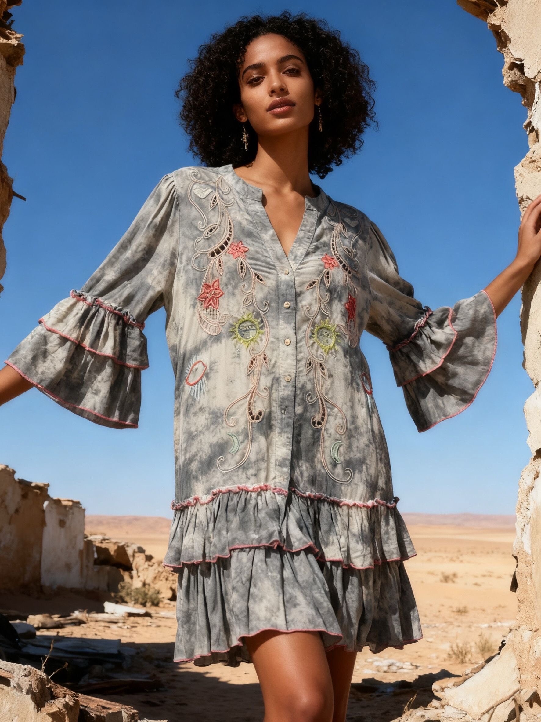 Wholesaler Last Queen - Mid-length embroidered dress, flared cut, washed style with ruffles