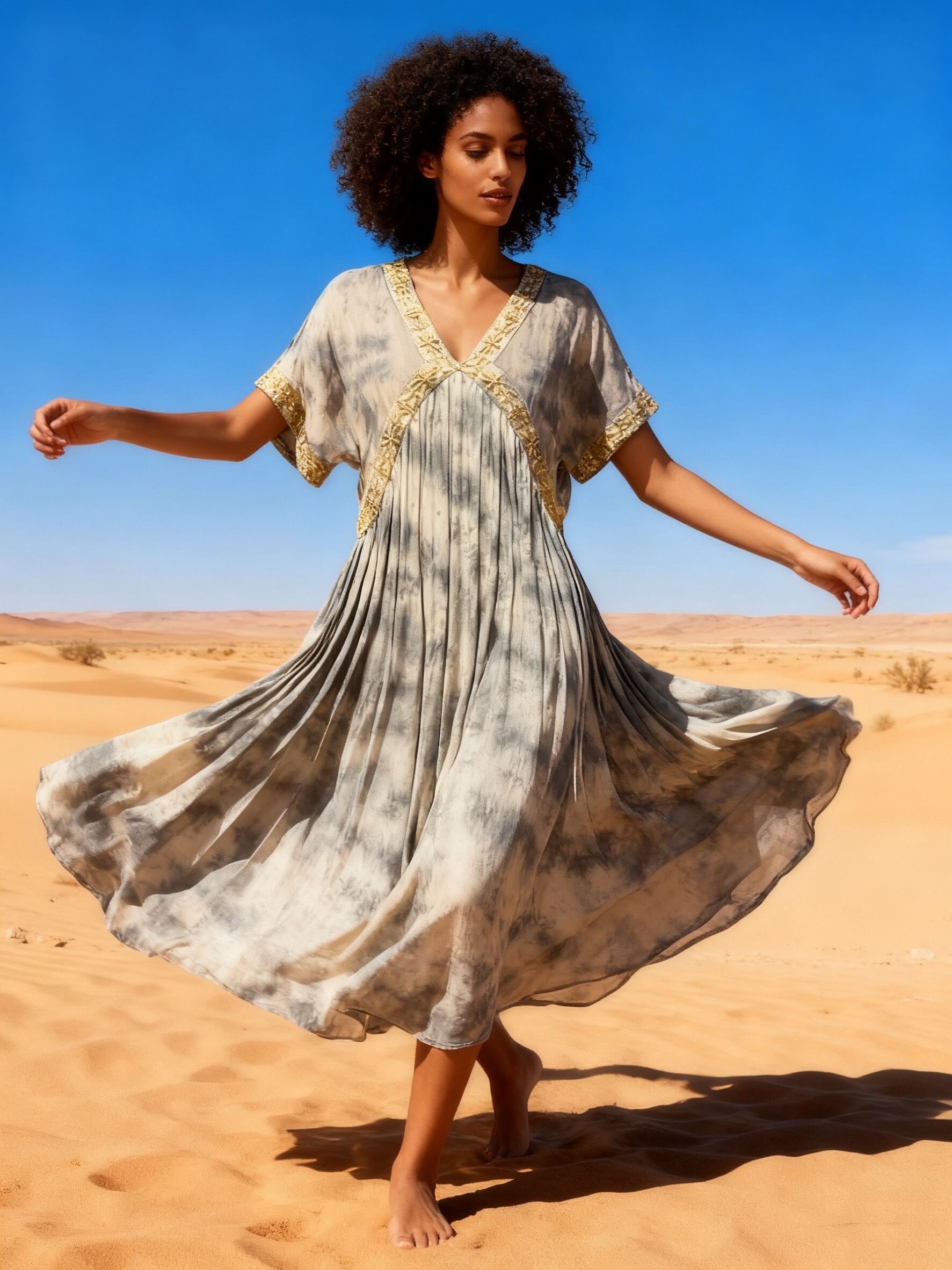 Wholesaler Last Queen - Long dress with embroidery, V-neck flared cut, washed style