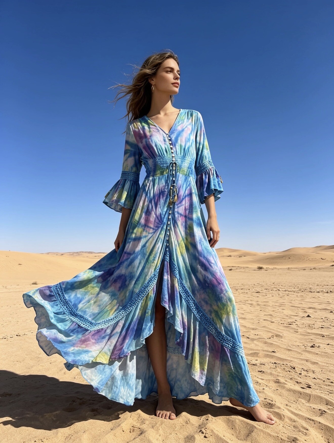 Wholesaler Last Queen - Long dress with tie-dye print, V-neck