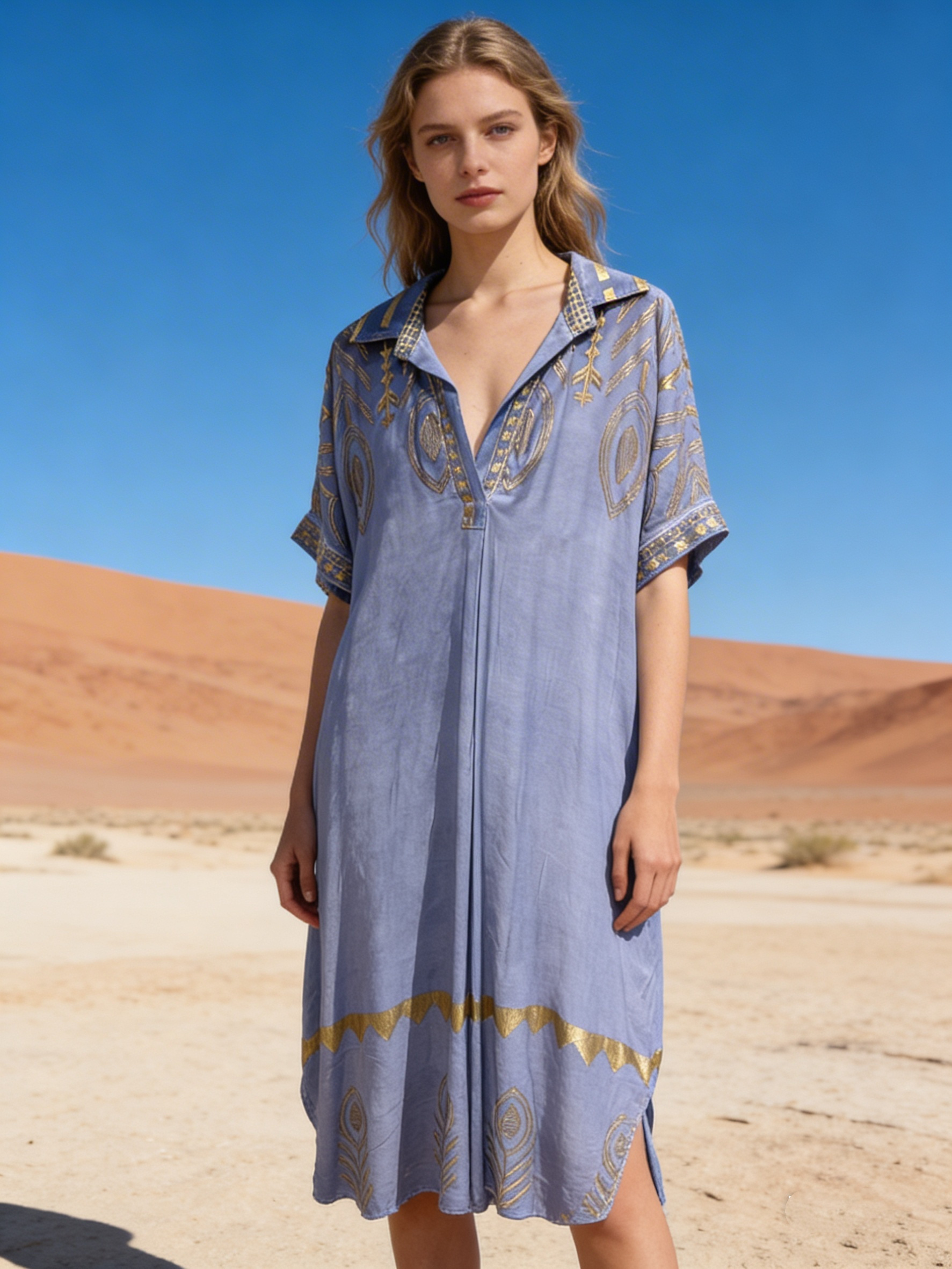 Mayorista Last Queen - Vestido camisero con estampado étnico, corte acampanado con bolsillos invisibles