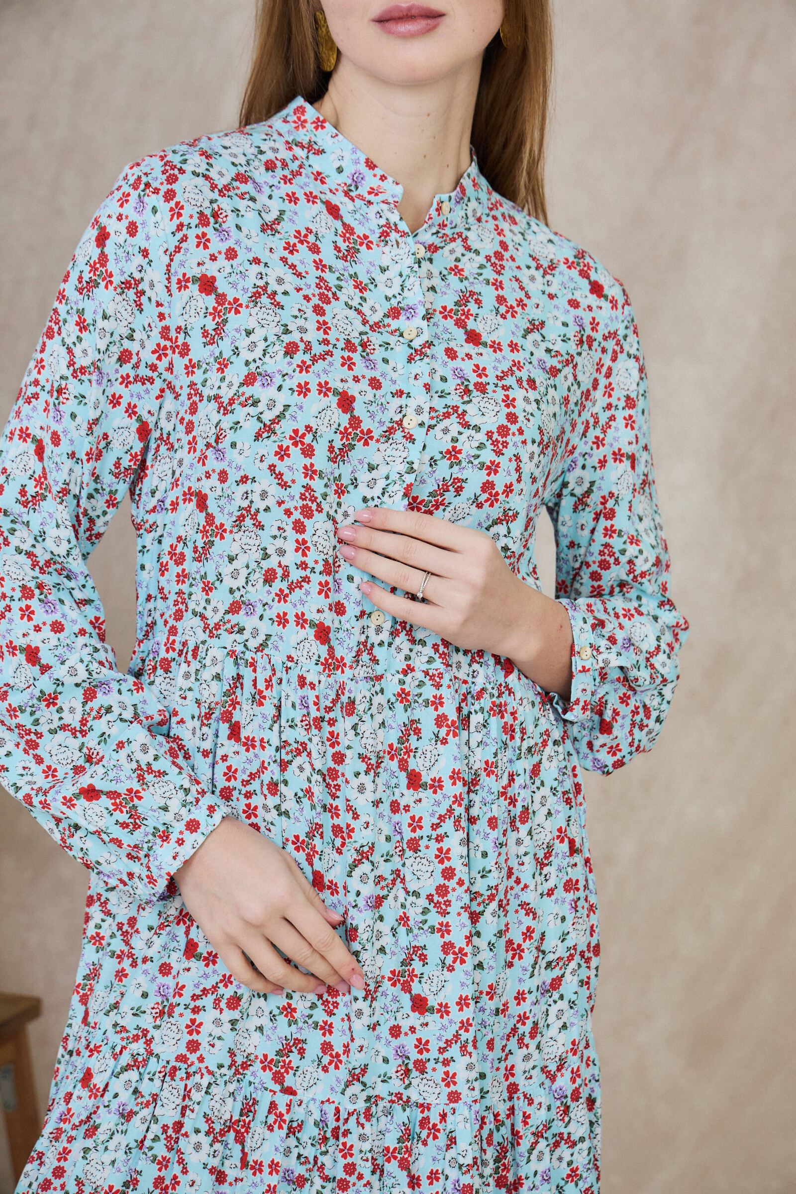 Vestido largo estilo camisero estampado, corte holgado y frunces - Azul claro - 2 - formato grande