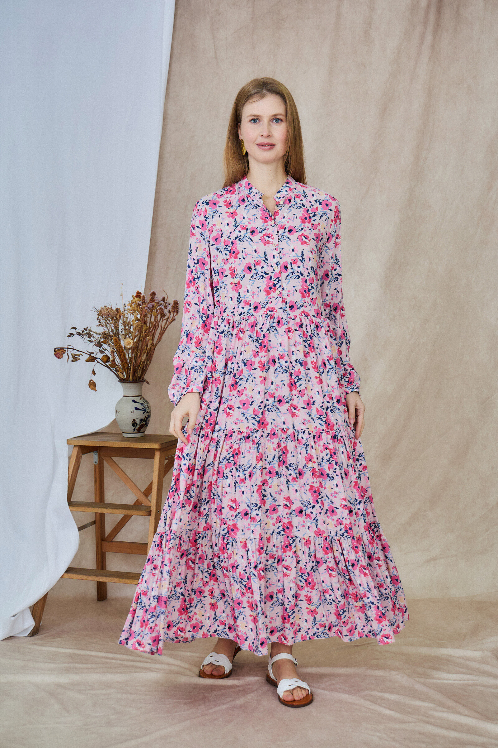 Mayorista LAST QUEEN OUTLET - Vestido largo estilo camisero estampado, corte holgado y frunces