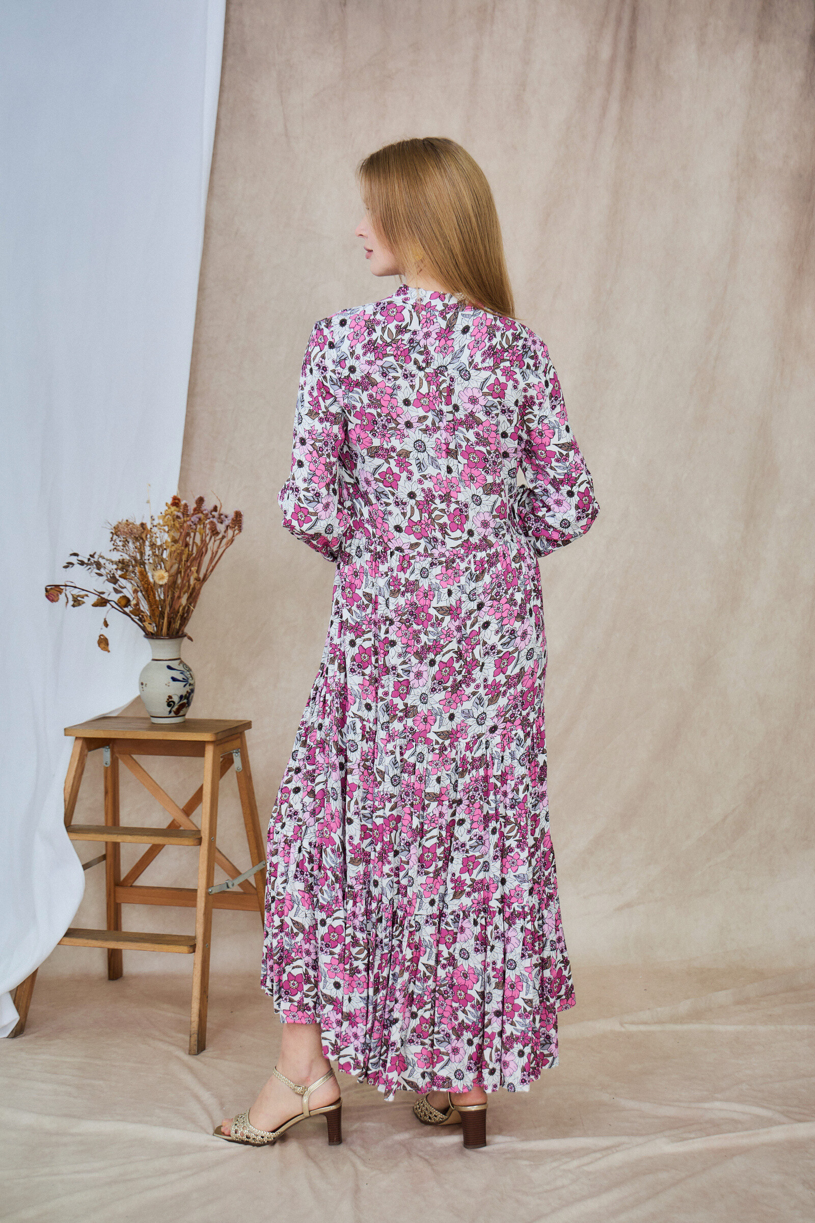 Vestido largo estilo camisero estampado, corte holgado y frunces - Púrpura - 3 - formato grande