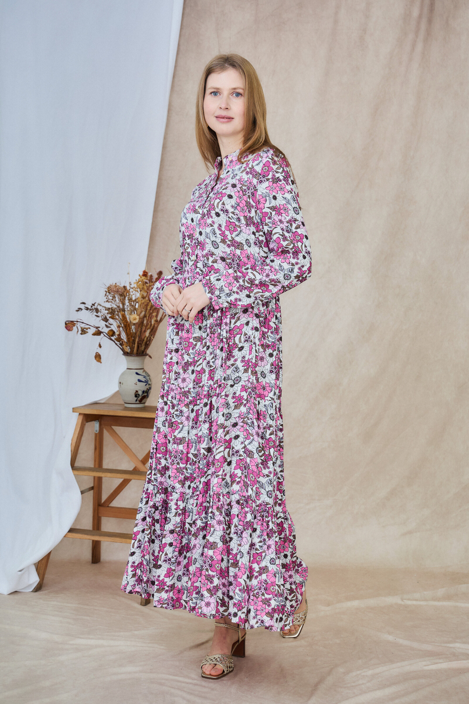 Vestido largo estilo camisero estampado, corte holgado y frunces - Púrpura - 5 - formato grande
