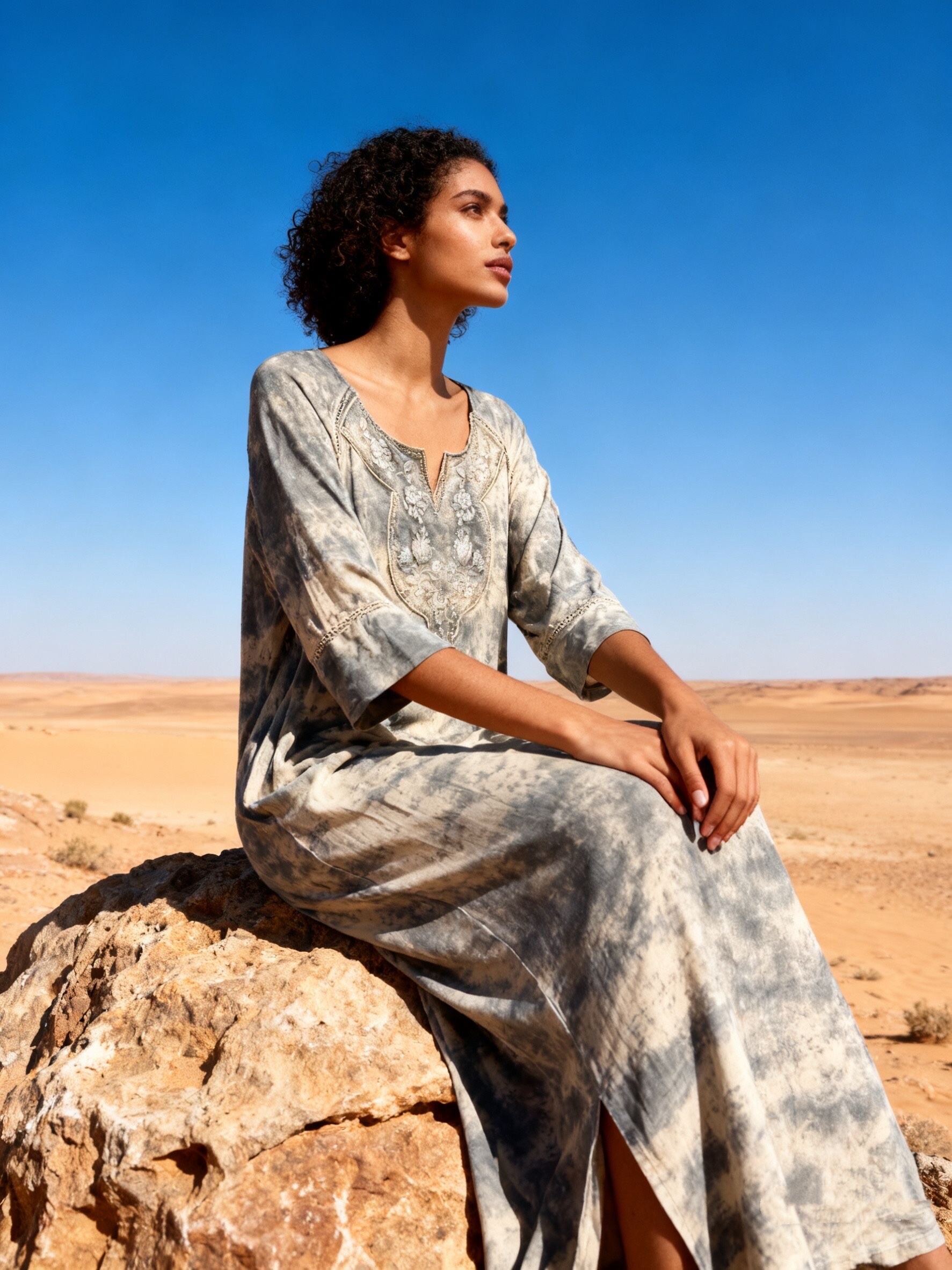 Wholesaler Last Queen - Long dress with embroidery, V-neck, straight cut in a washed-out style