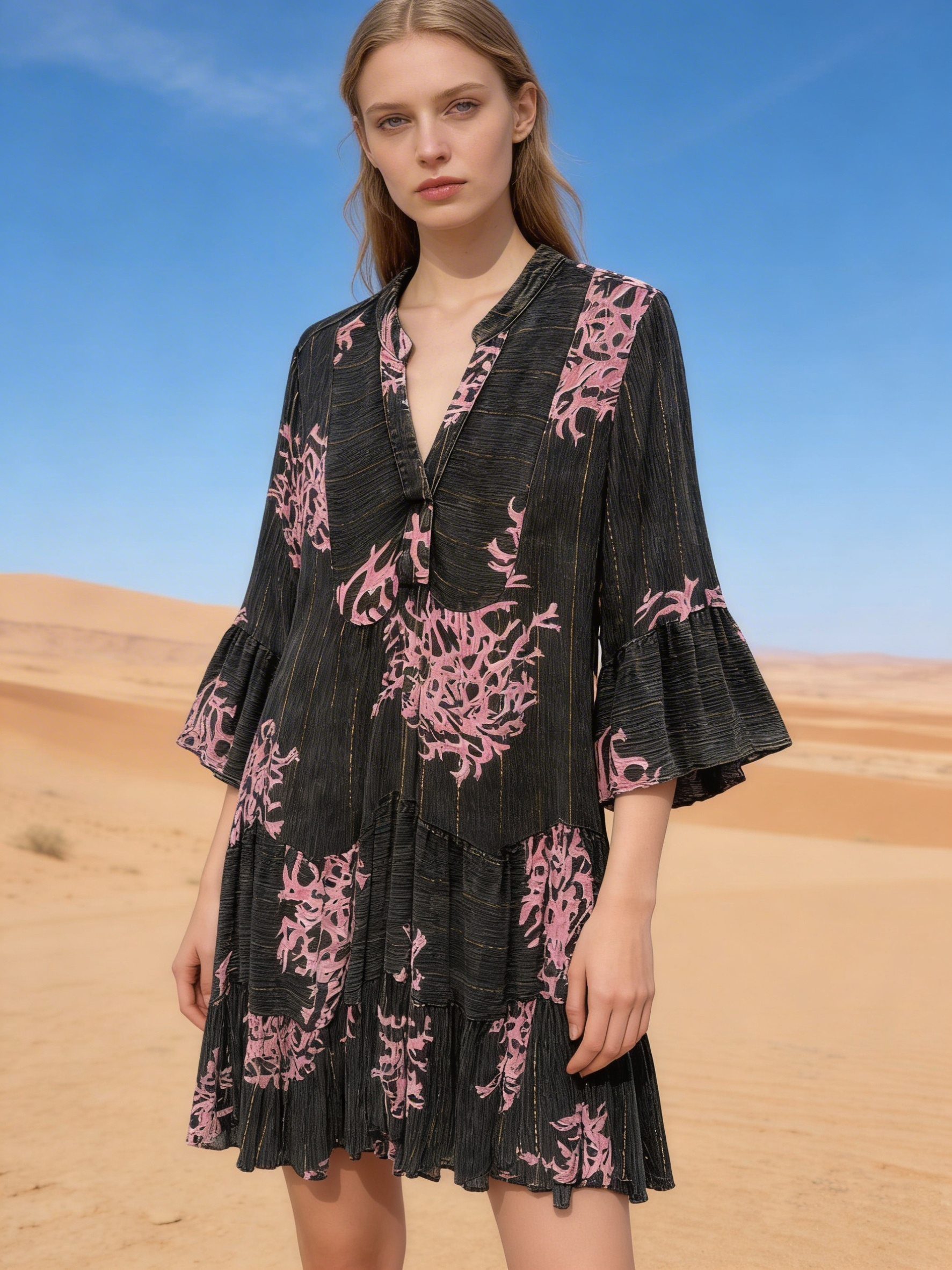 Mayorista Last Queen - Vestido midi con estampado coral, estilo desgastado con Lurex, corte acampanado