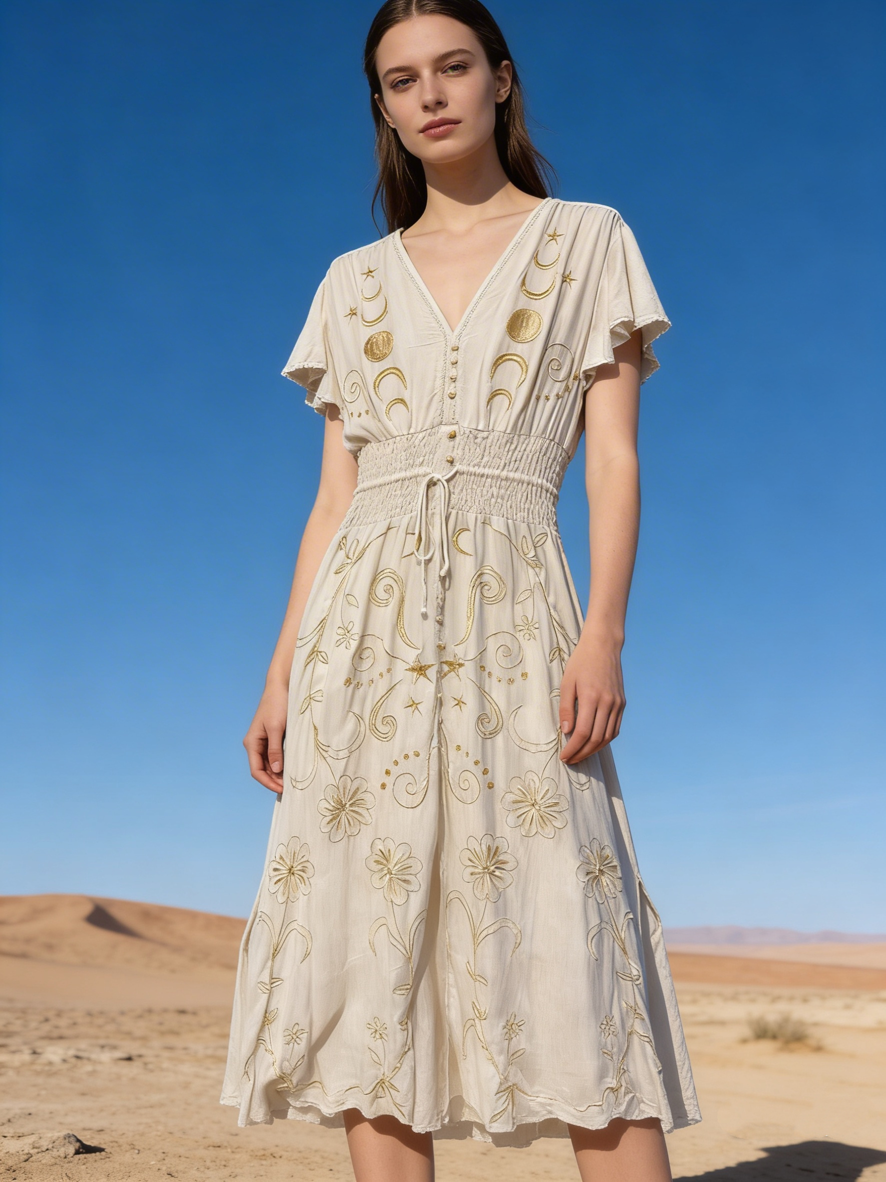 Mayorista Last Queen - Vestido largo con bordado, cintura elástica, cuello en V con botones frontales