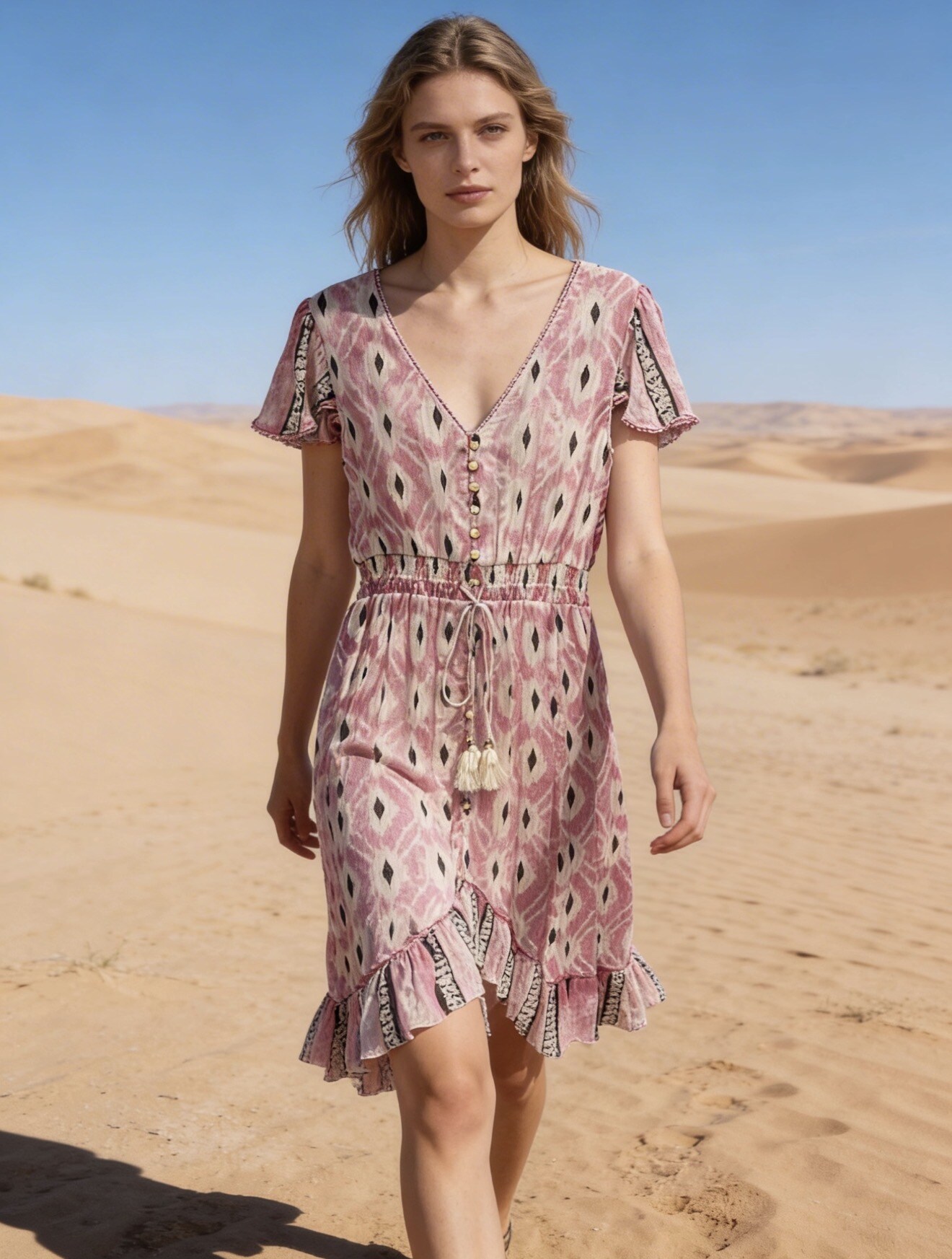 Mayorista Last Queen - Vestidos midi estampados con Lurex, escote en V abotonado al frente