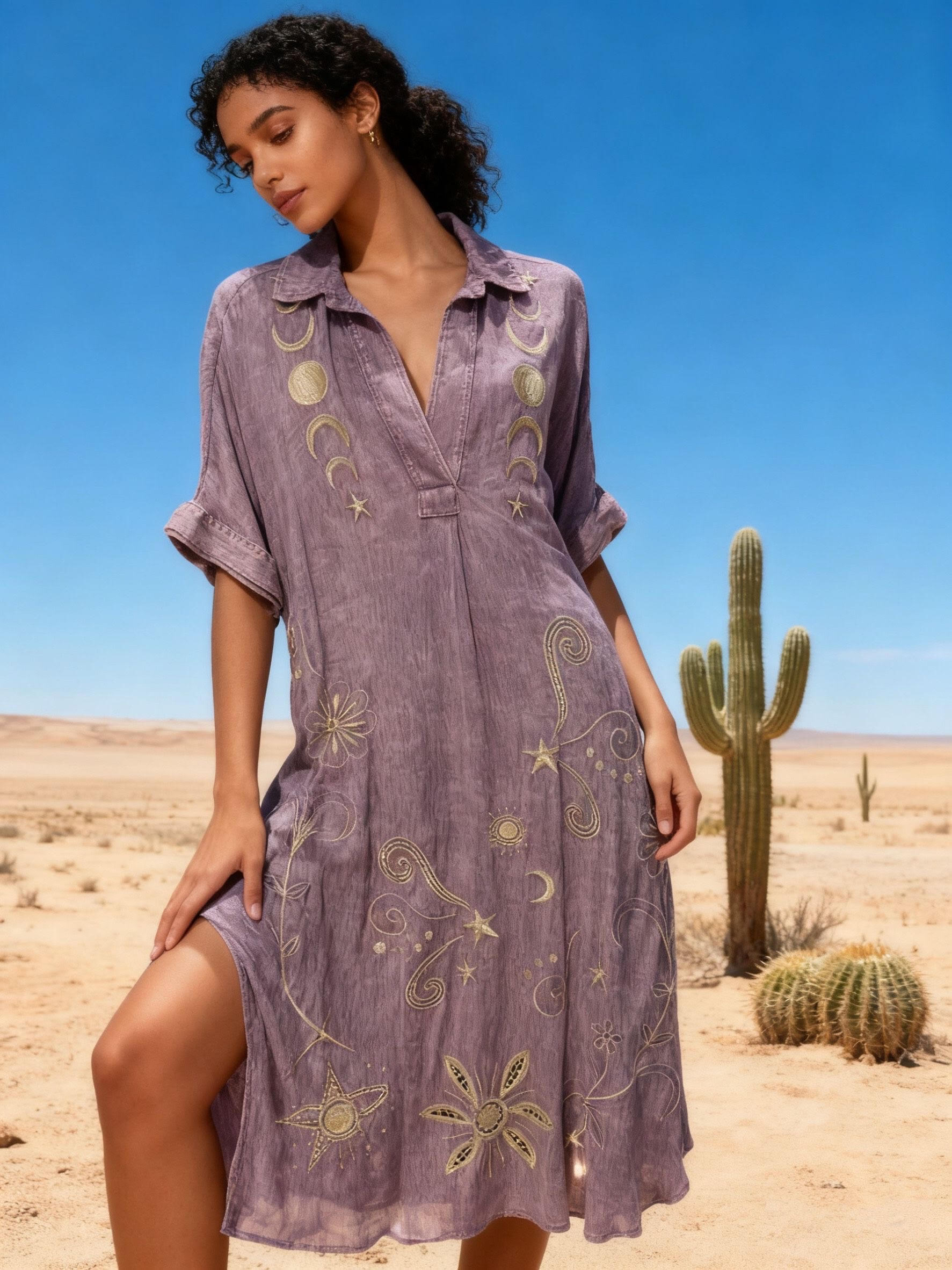 Wholesaler Last Queen - Shirt dress with embroidery, hidden pockets, flared cut, washed fabric