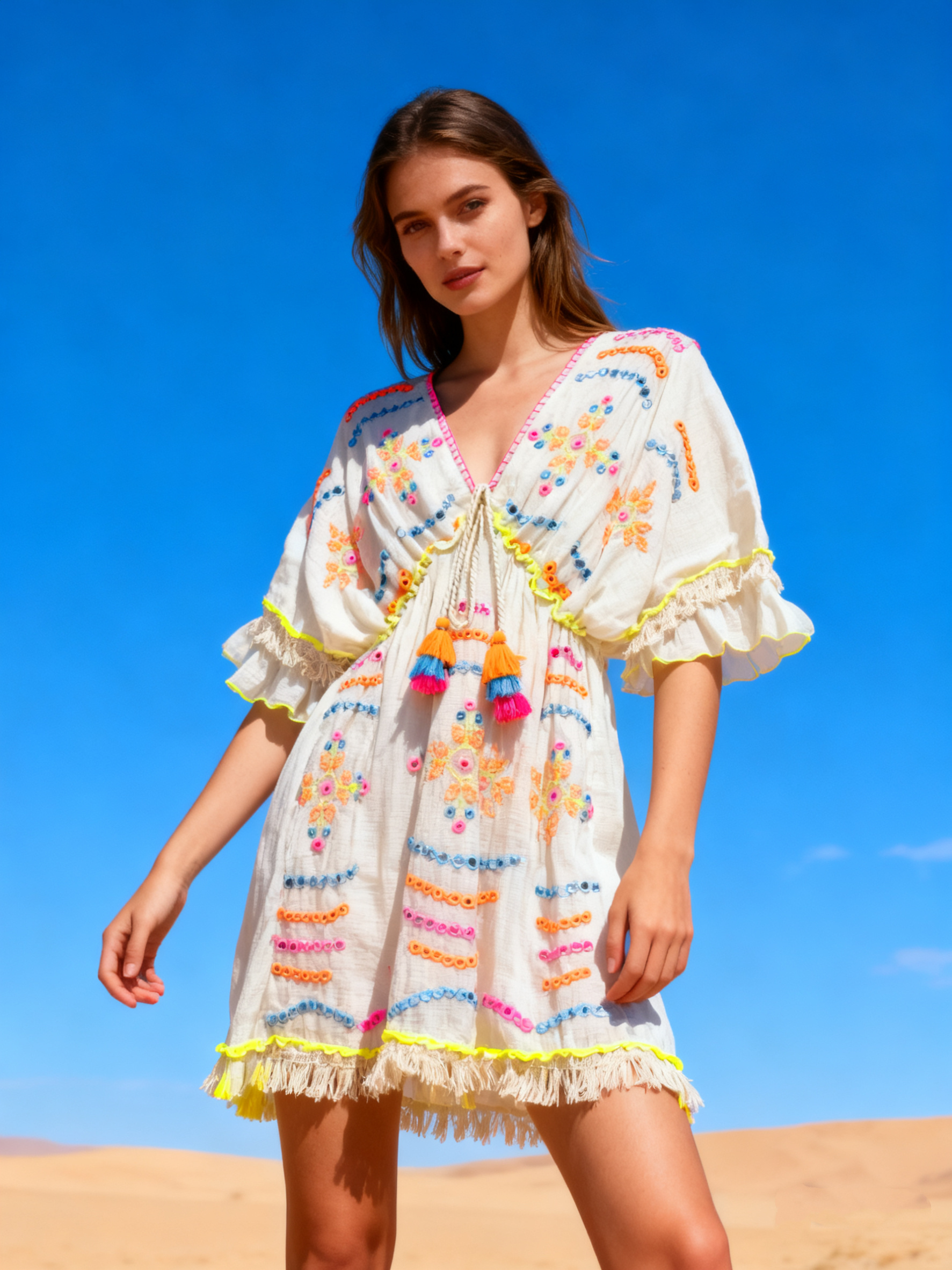 Wholesaler Last Queen - Airy midi dress with fluorescent effect embroidery
