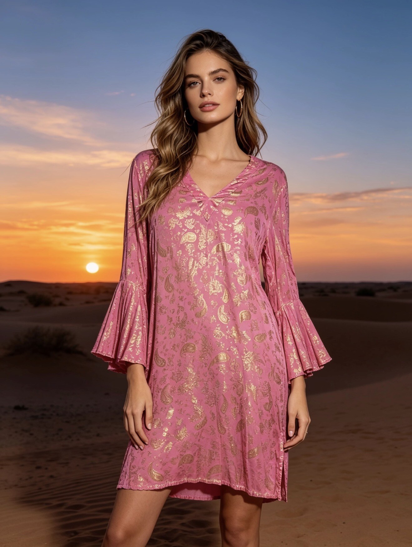 Wholesaler Last Queen - Tunic dress with gold print, V-neck with flared sleeves