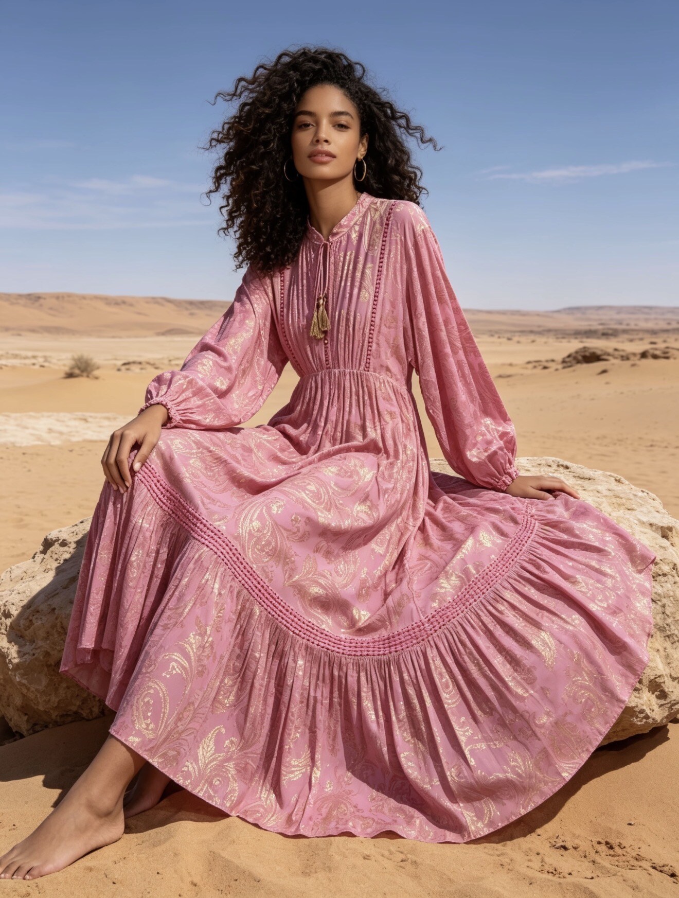 Wholesaler Last Queen - Maxi long dress with gold print, v-neck with tie strings, cut-out detail