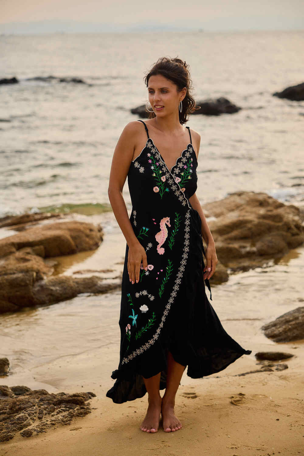 Wholesaler Last Queen - Flowy long dress with asymmetrical straps and embroidery, wrap style