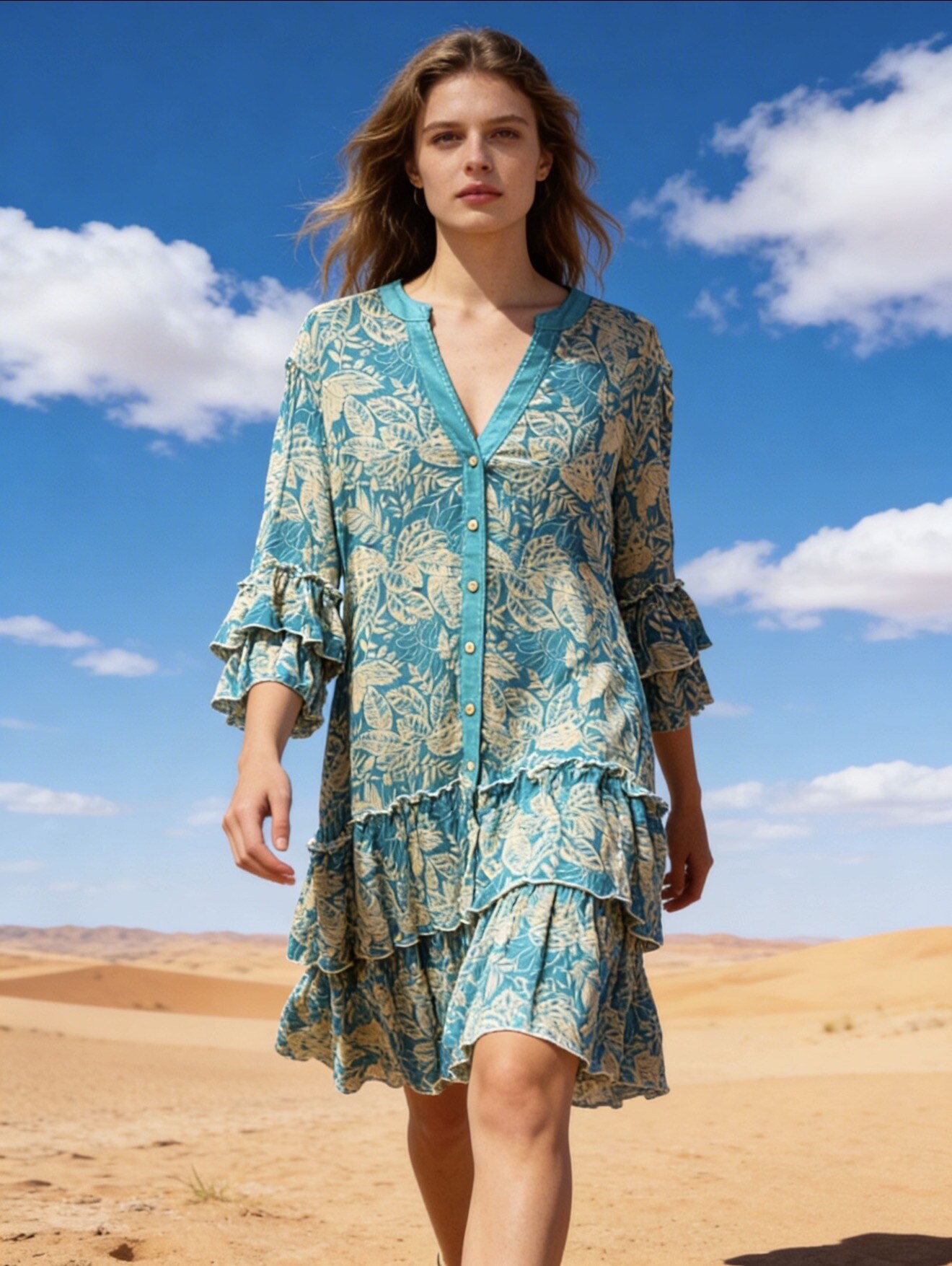 Mayorista Last Queen - Vestido túnica estampado con LUREX, corte acampanado con frunces