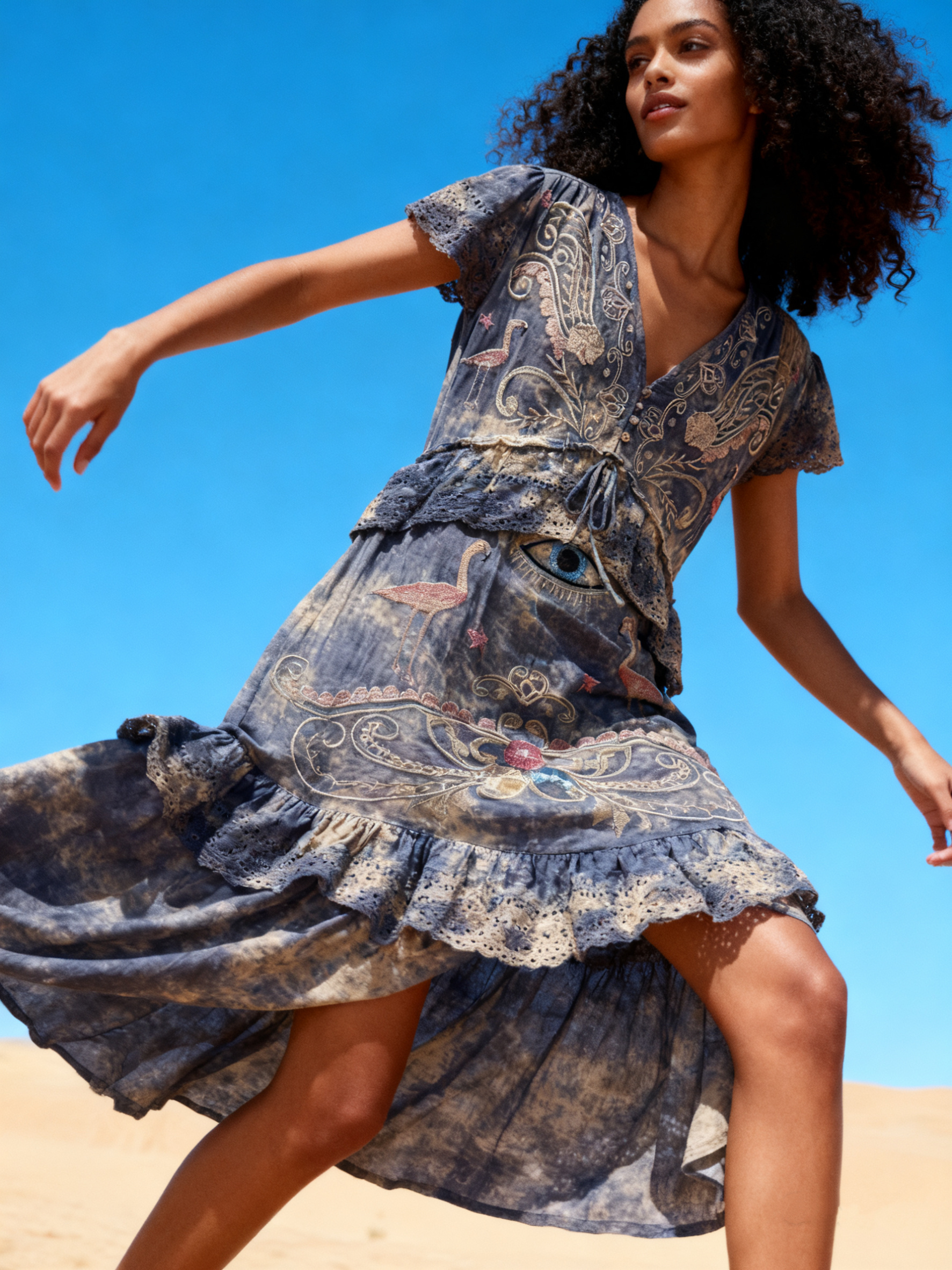 Wholesaler Last Queen - Long embroidered dress, V-neck with front buttons