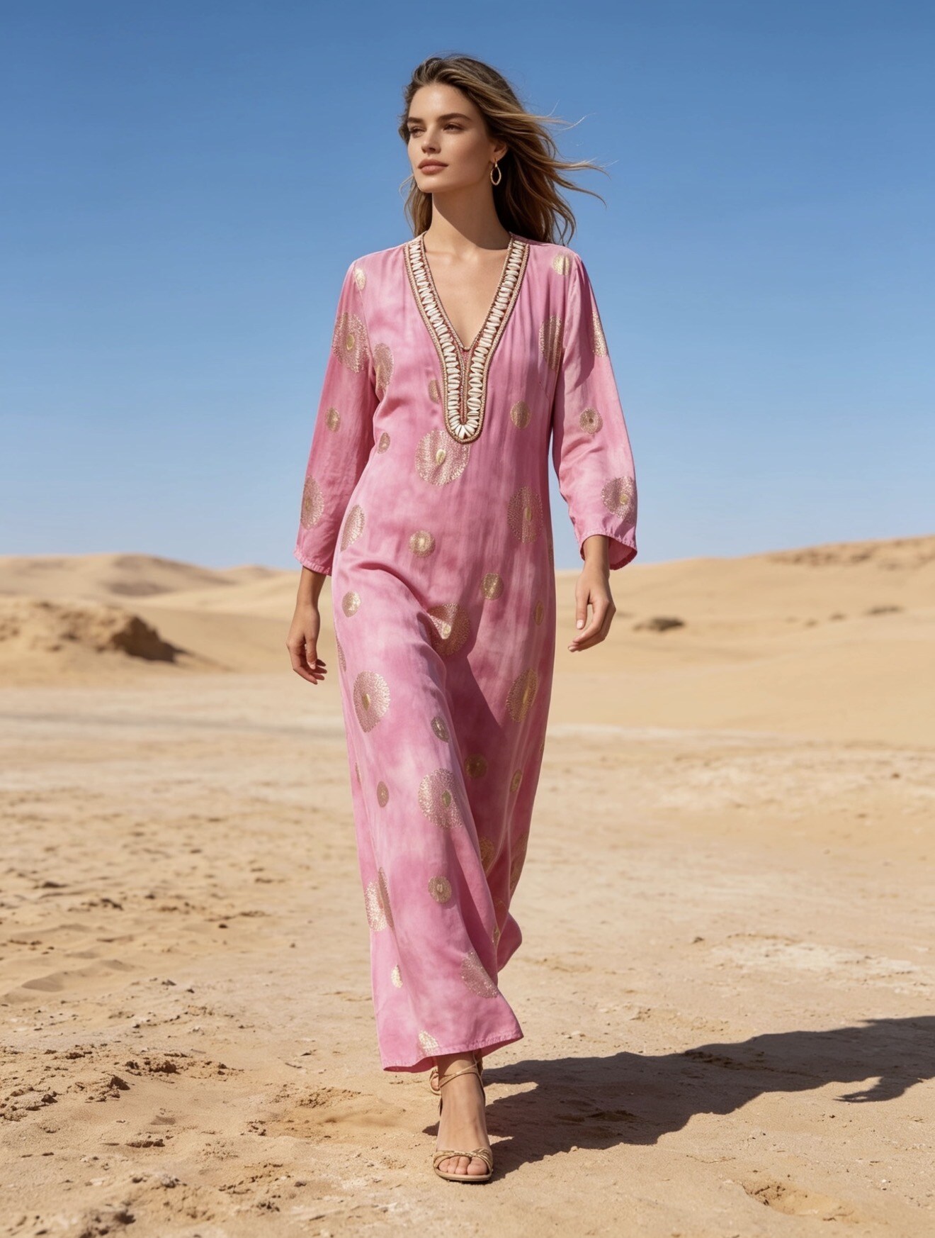 Großhändler Last Queen - Langes besticktes Kleid mit Muscheln, Goldeffekt-Druck