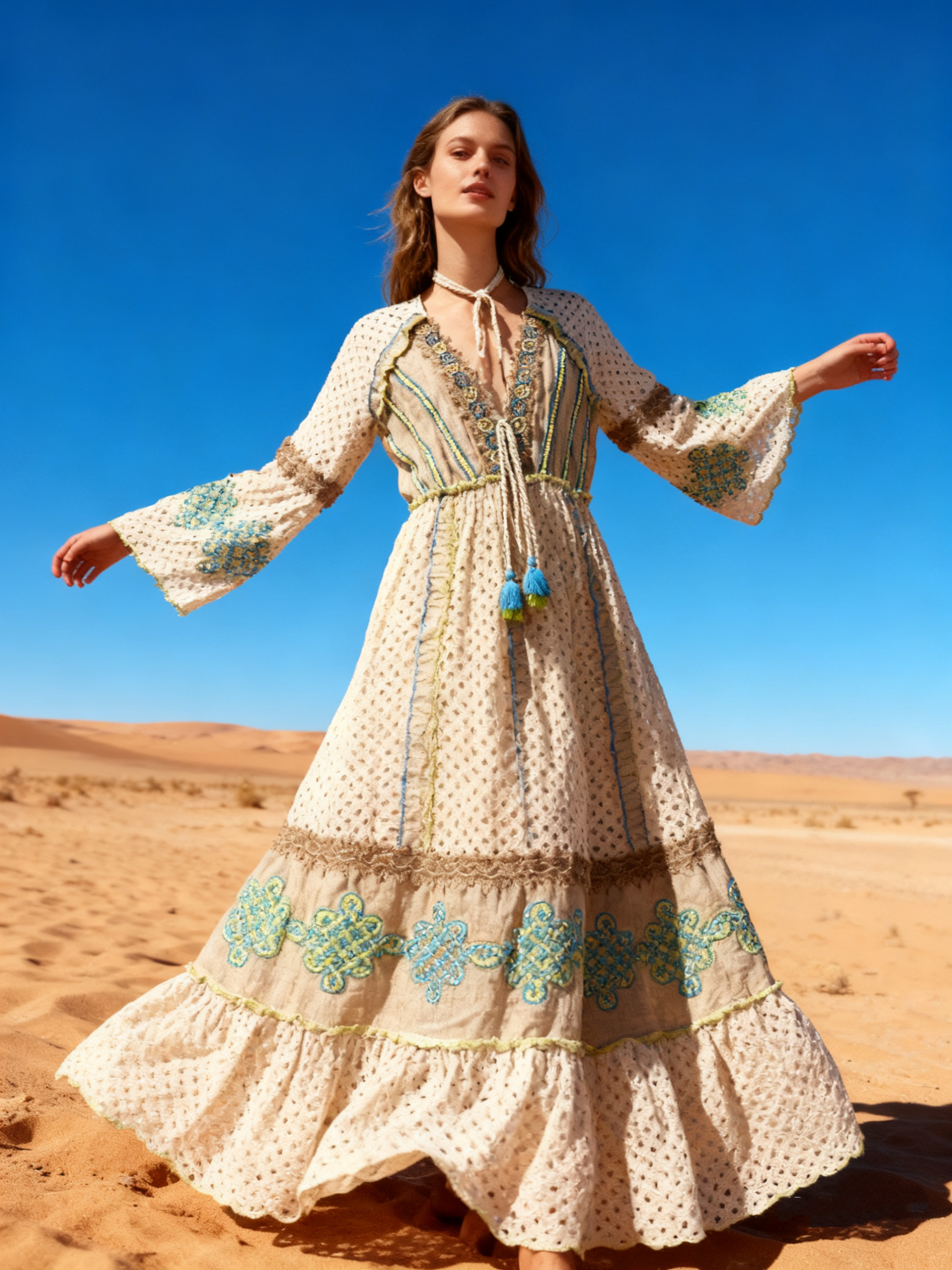 Wholesaler Last Queen - Long lace and embroidered dress, V-neck with lining