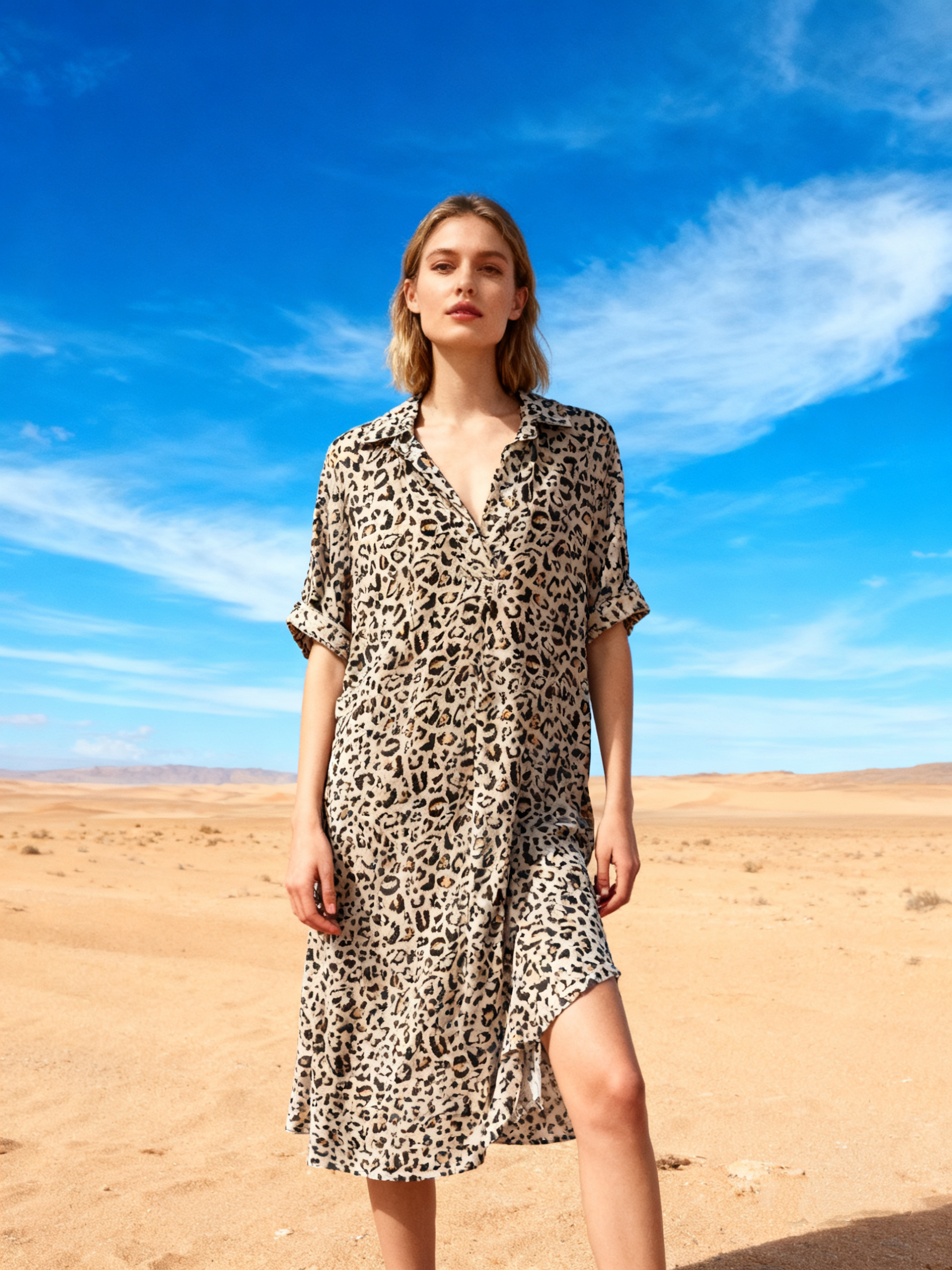 Wholesaler Last Queen - Flowy leopard print shirt dress, flared cut