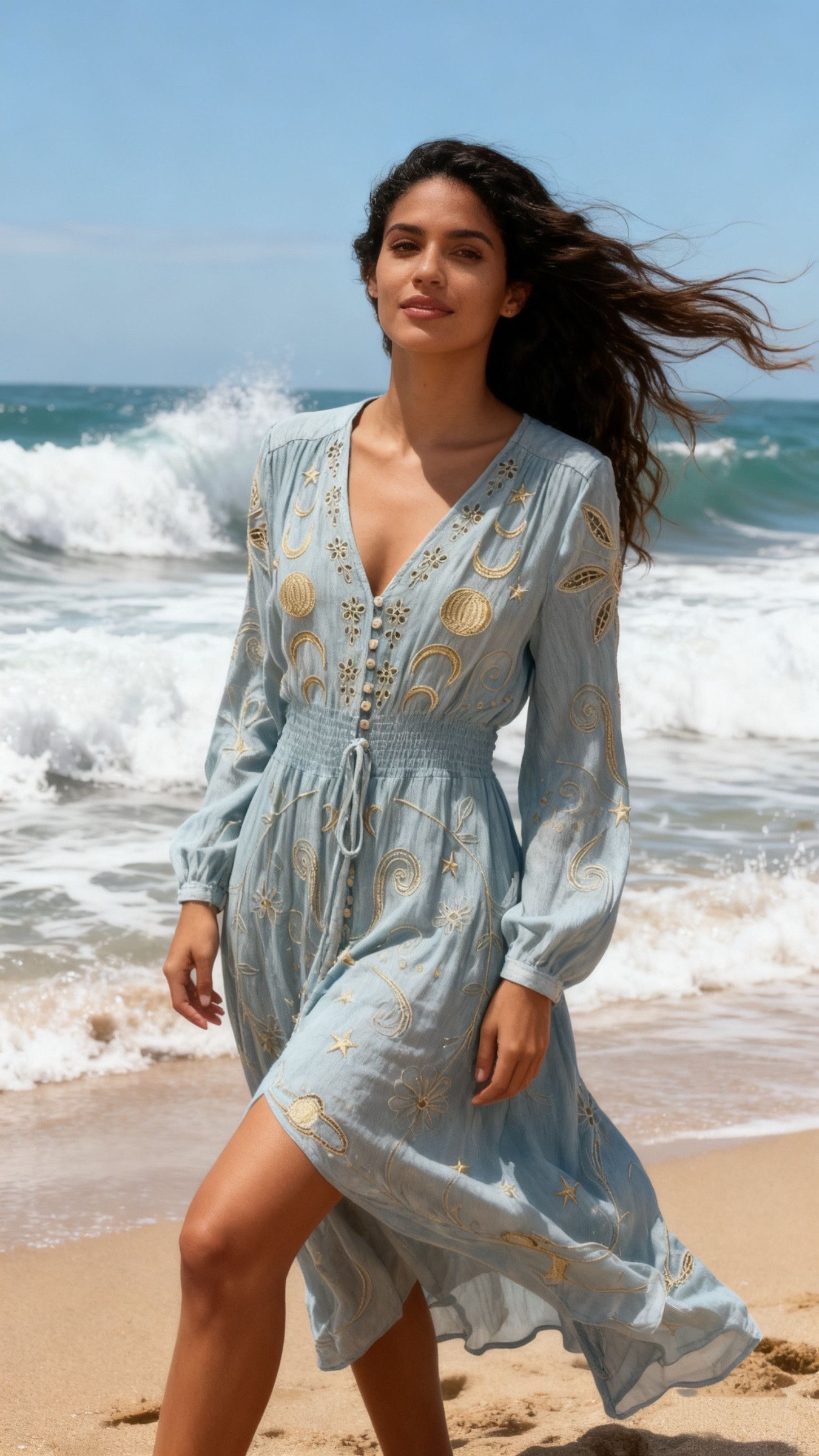 Wholesaler Last Queen - Long embroidered dress, elastic waist V-neck, buttoned front
