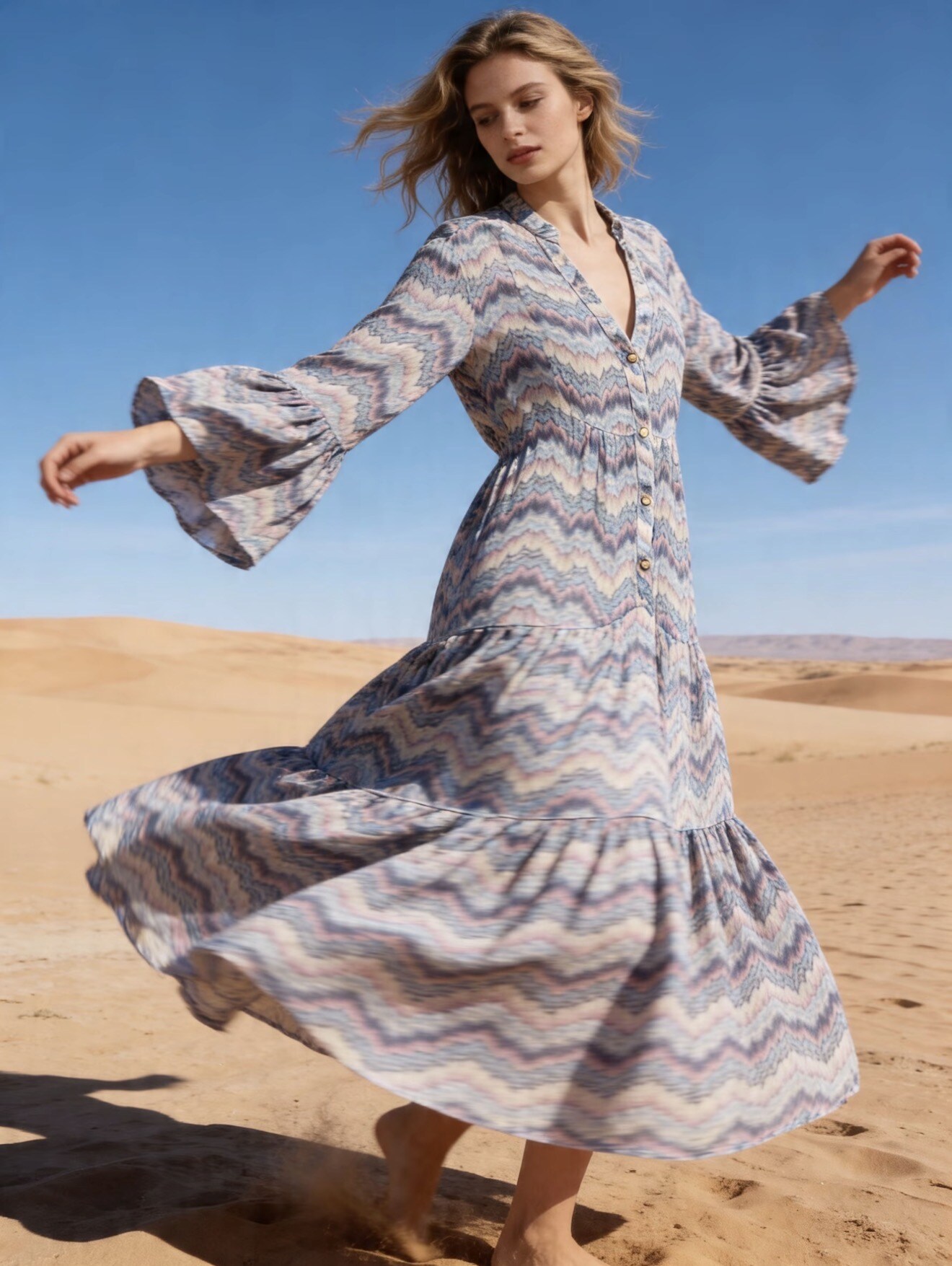 Mayorista Last Queen - Vestido largo fluido con estampado, corte acampanado con botones delanteros, estilo desteñido