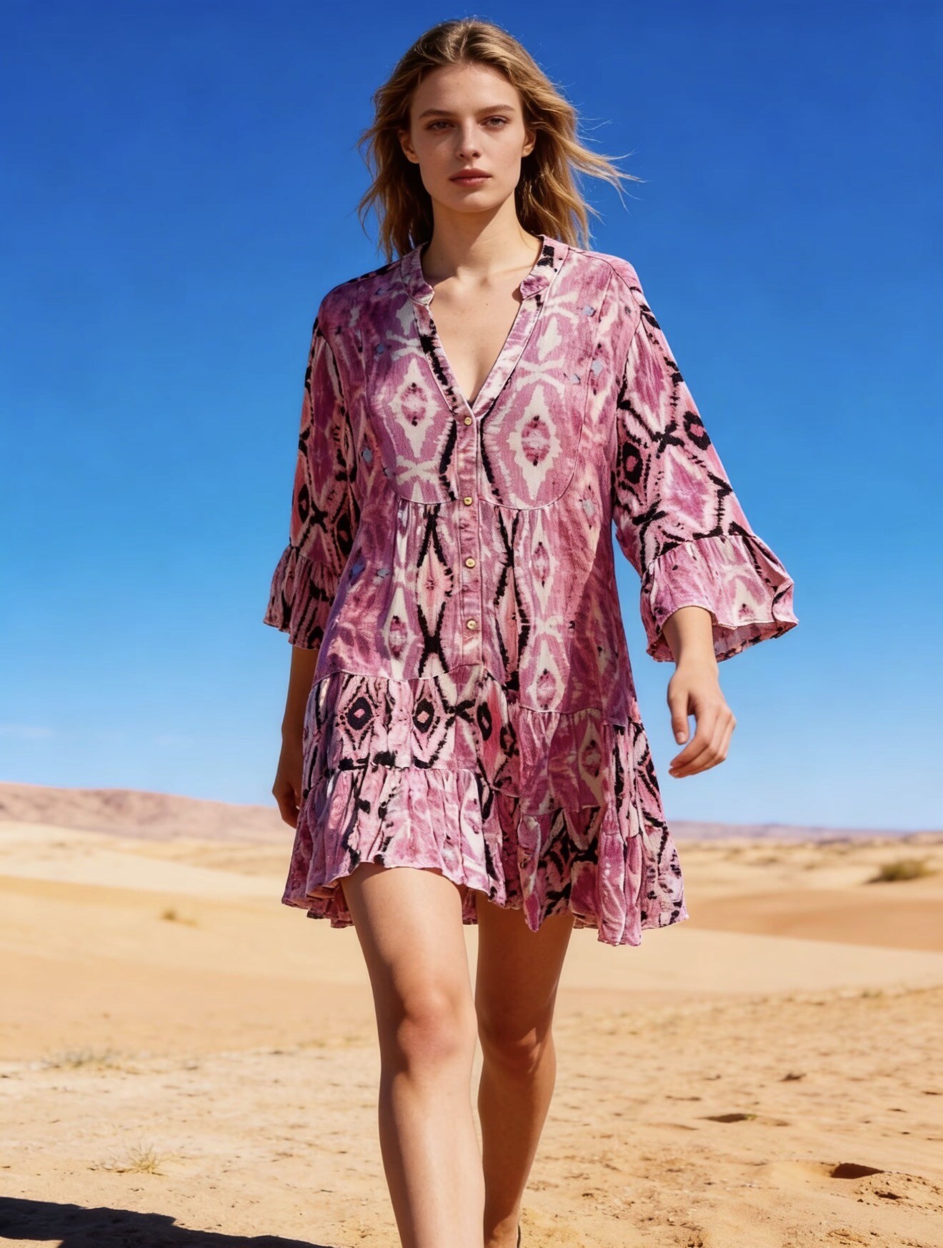 Mayorista Last Queen - Vestido túnica fluido con estampado, estilo desgastado, corte acampanado con frunces