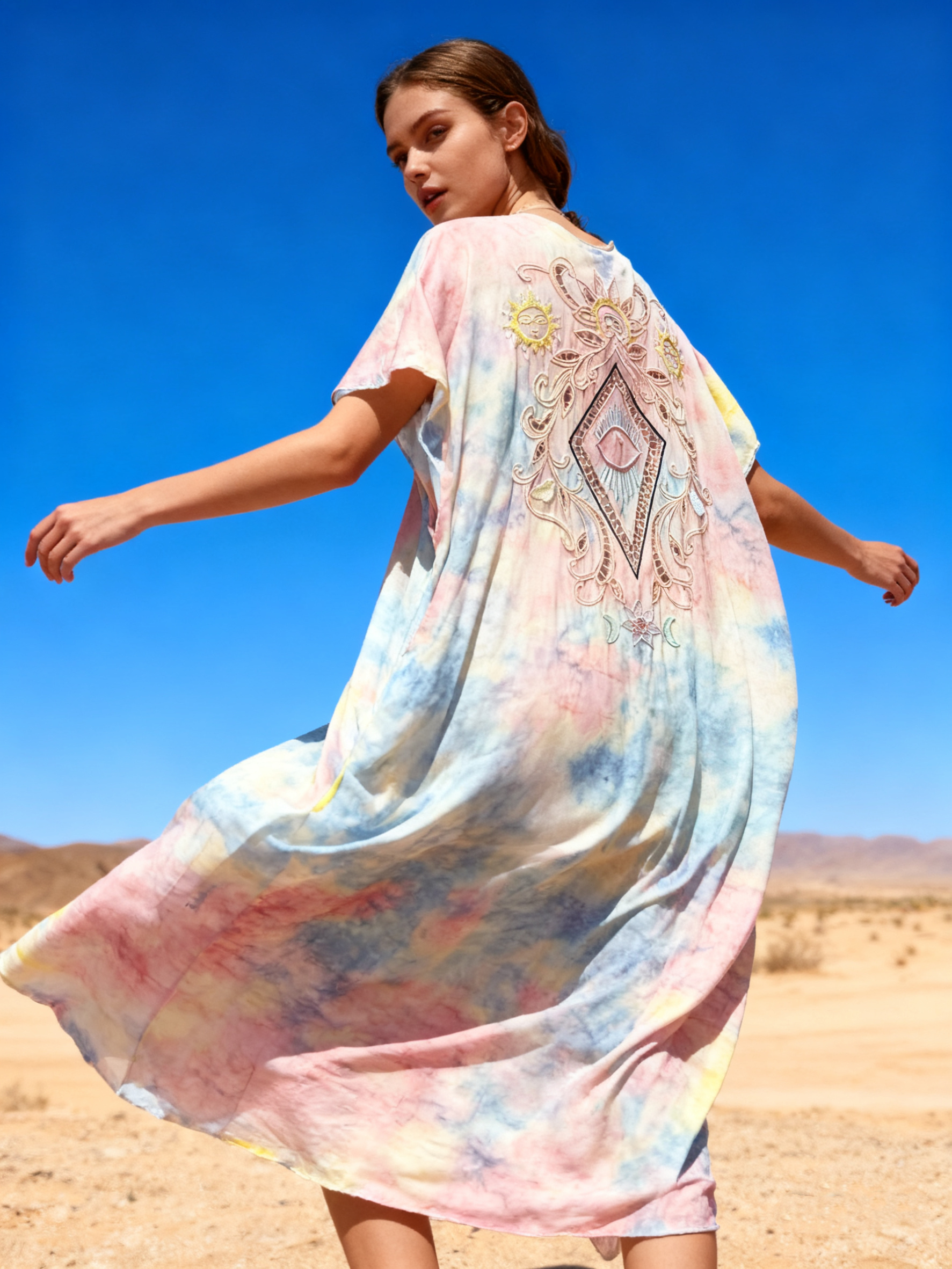 Wholesaler Last Queen - Maxi long dress with floral embroidery and openwork back, v-neckline