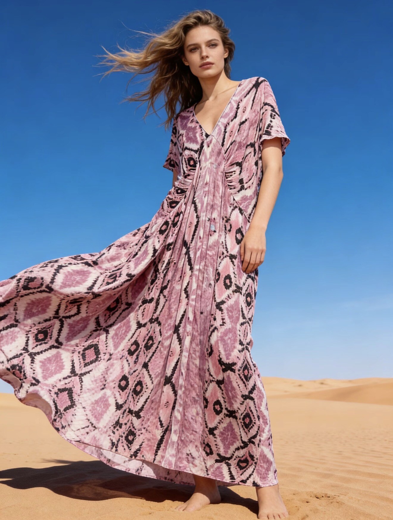 Mayorista Last Queen - Vestido largo fluido con estampado, cuello en V, corte acampanado, estilo desgastado