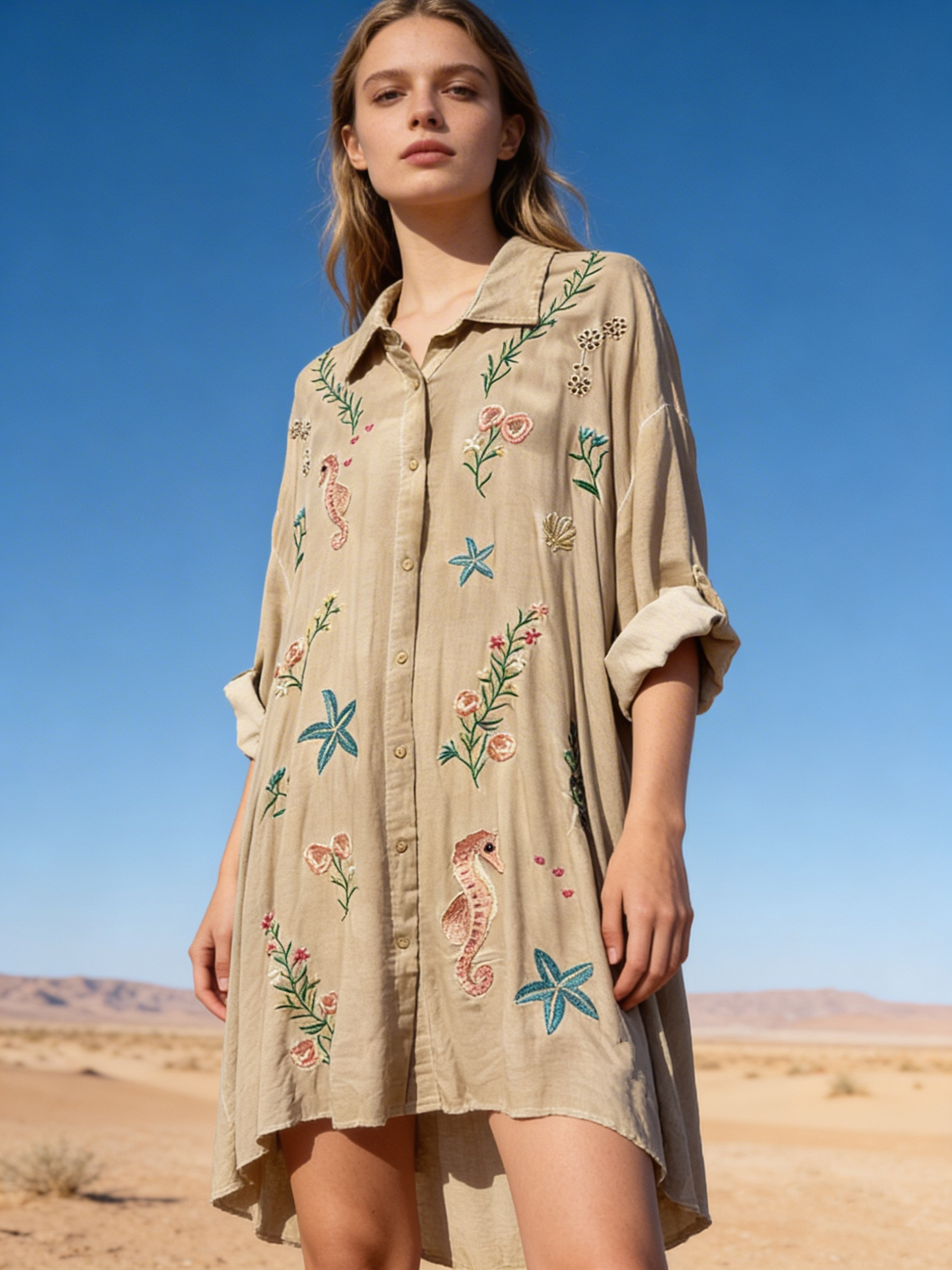 Wholesaler Last Queen - Floral Embroidered Shirt Dress, V-Neck, Flared Fit