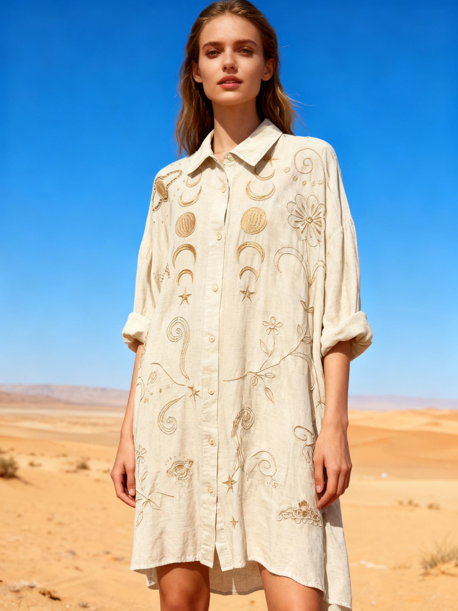 Wholesaler Last Queen - Floral embroidered shirt dress, flared cut,