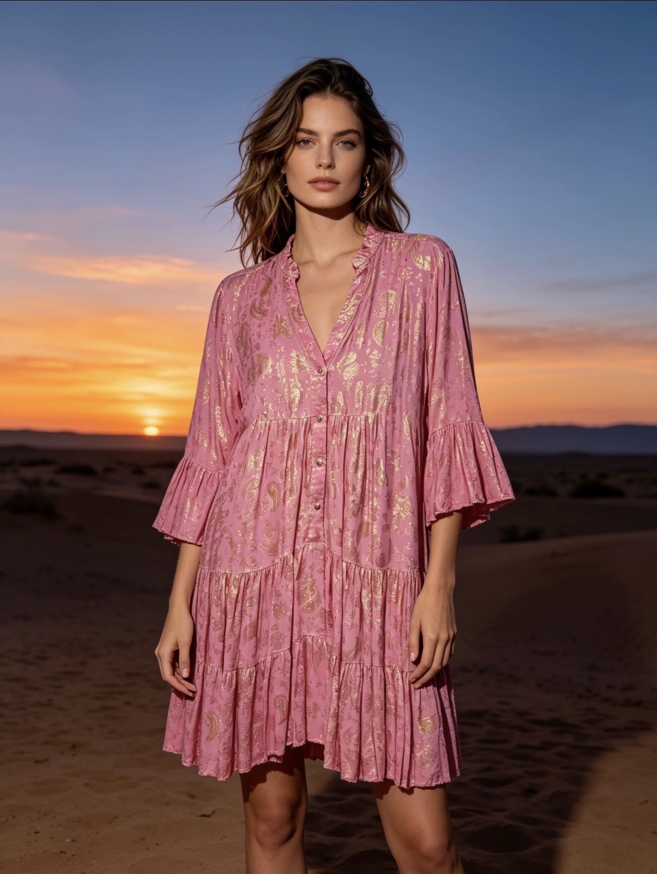 Wholesaler Last Queen - Mid-length dress with Paisley print and gilded effect, flared cut,