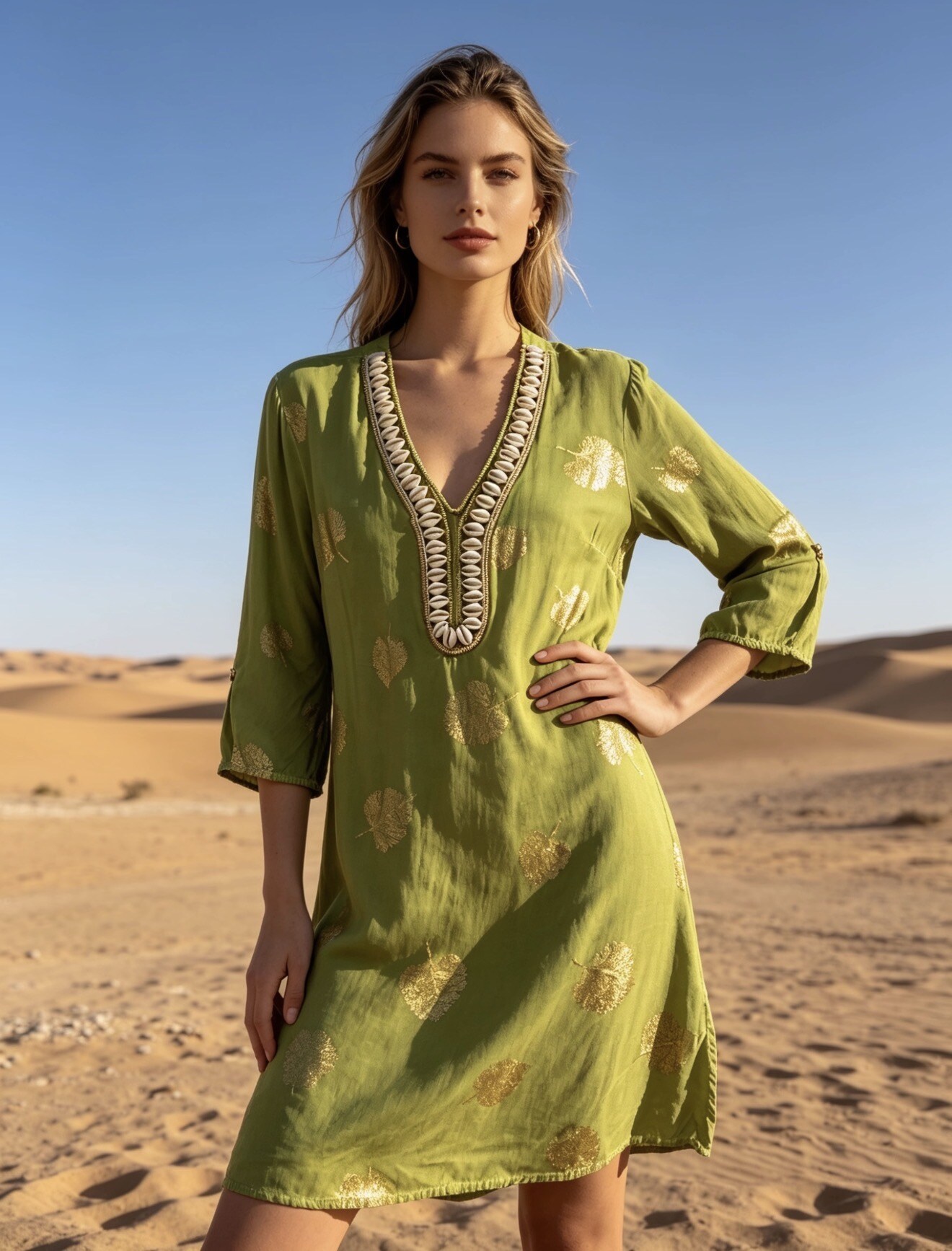 Mayorista Last Queen - Vestido midi bordado con conchas, estampado con efecto dorado