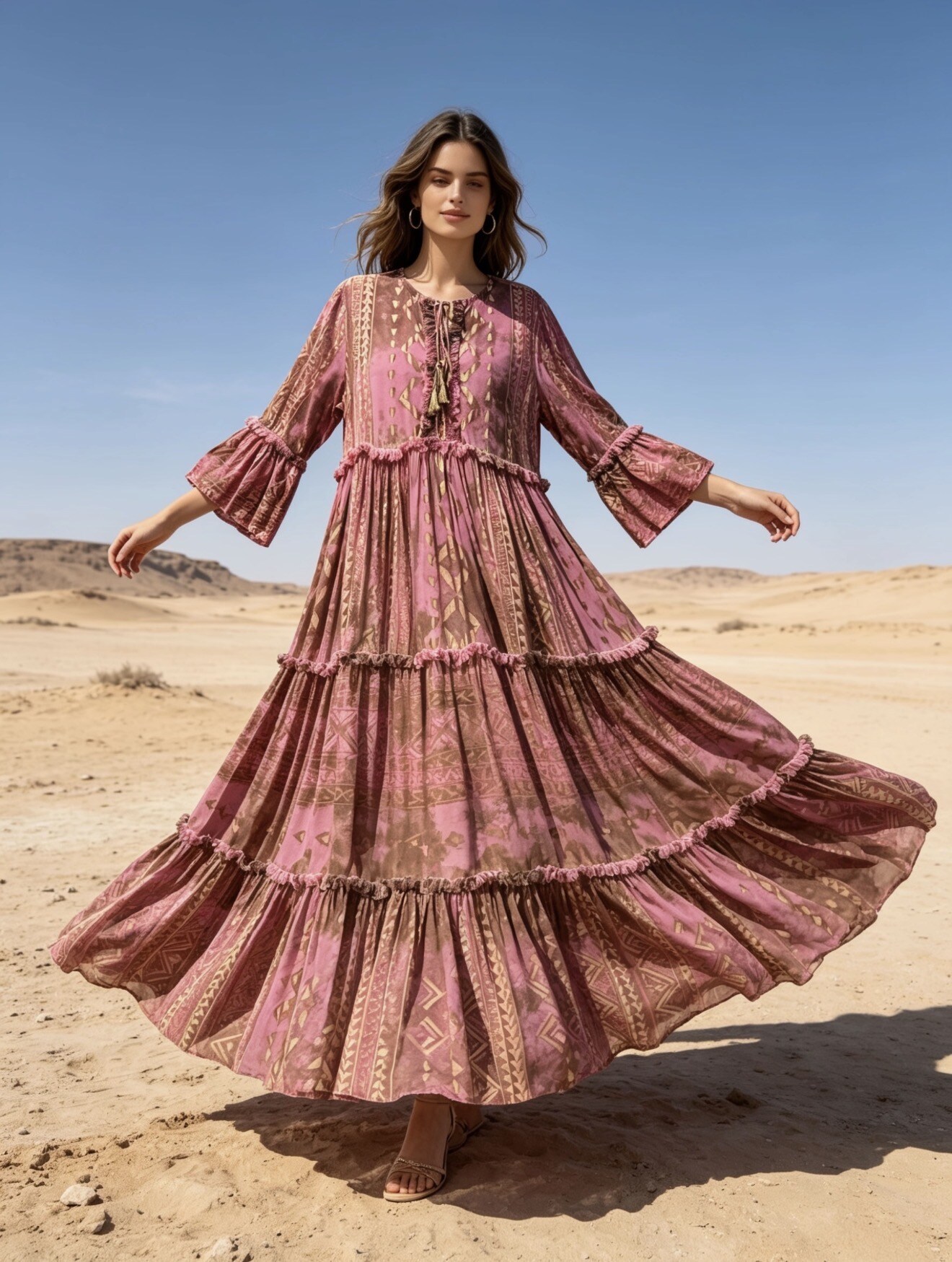 Wholesaler Last Queen - Maxi long dress with geometric print and gold effect, flared cut, washed style
