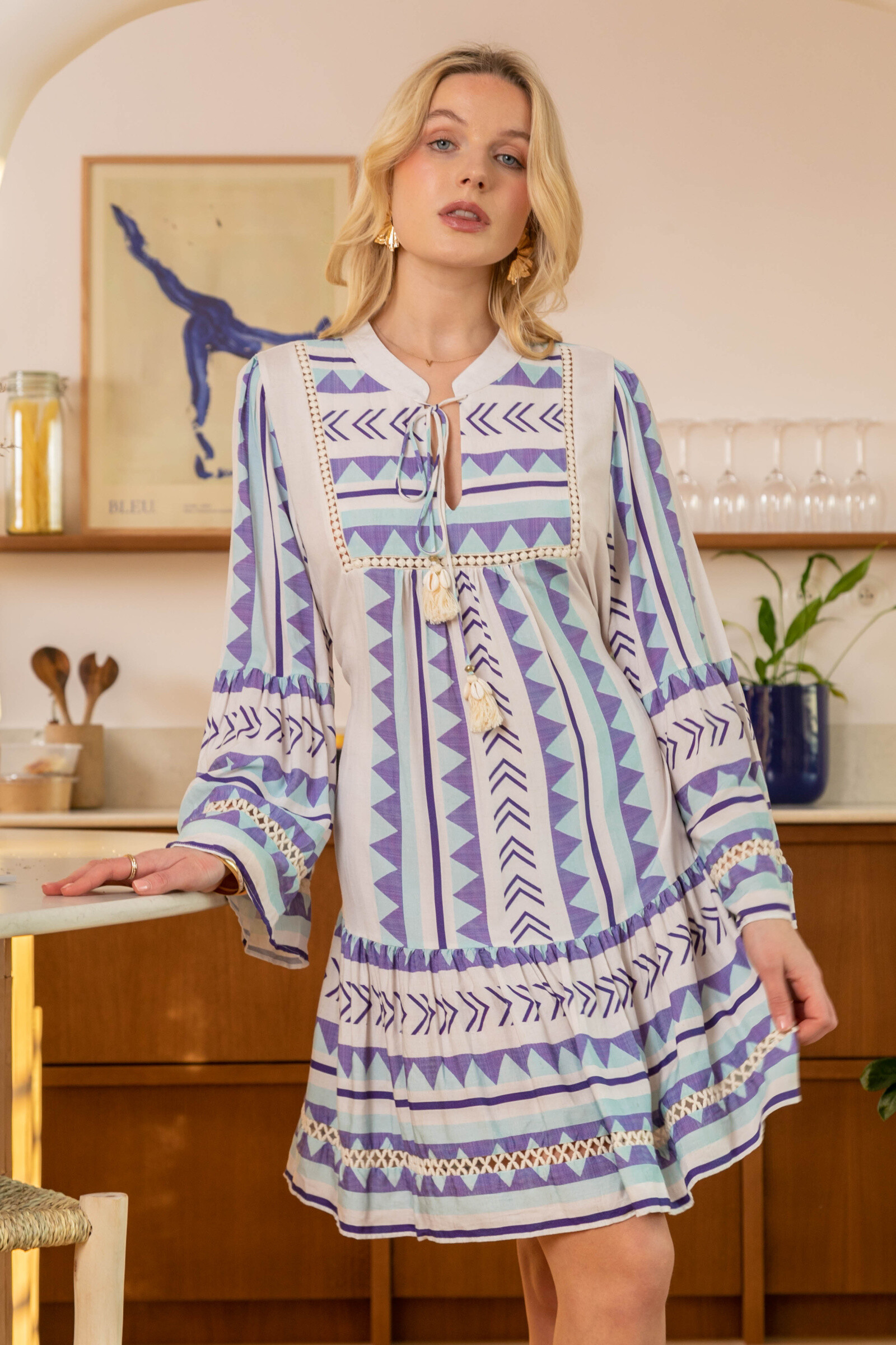 Großhändler Last Queen - Mittlere Länge mit geometrischem Druckkleid, ausgestellter Schnitt