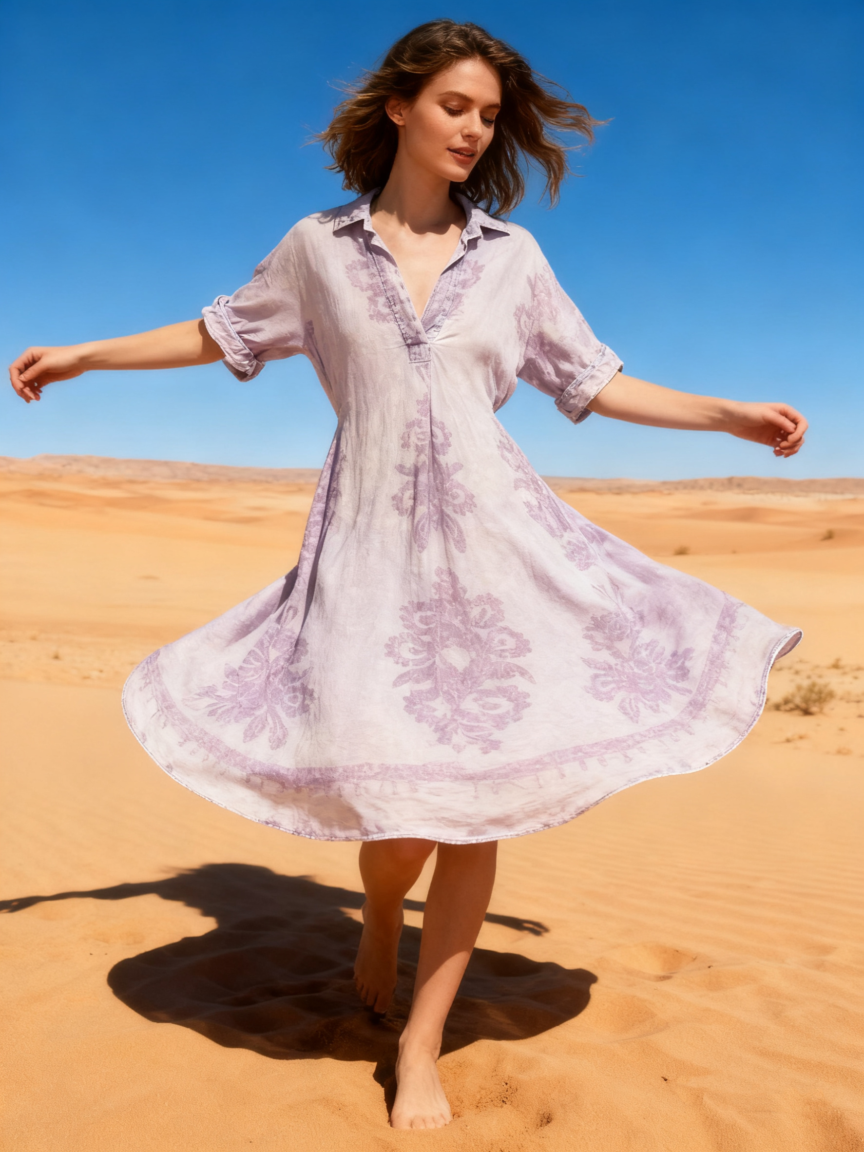 Wholesaler Last Queen - Flowy floral print shirt dress, flared cut, washed fabric