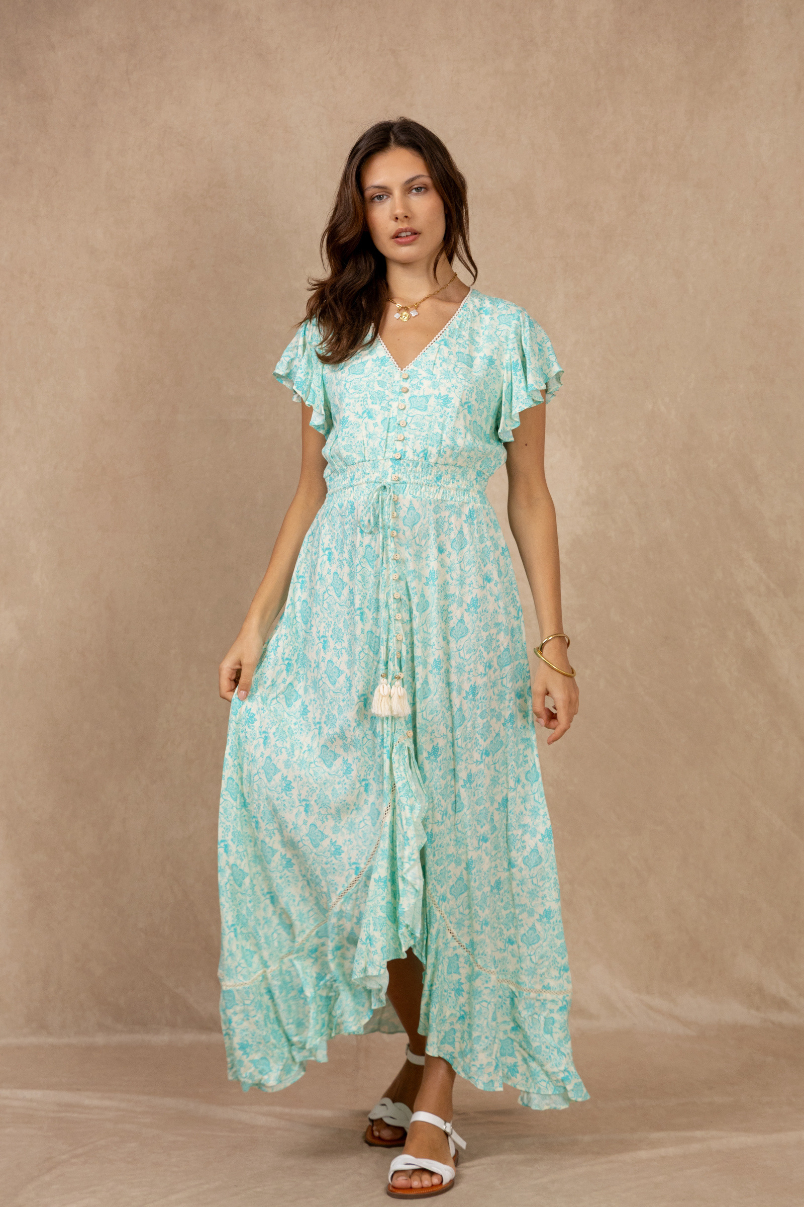 Mayorista Last Queen - Vestidos largos con estampado floral, cuello en V anudado