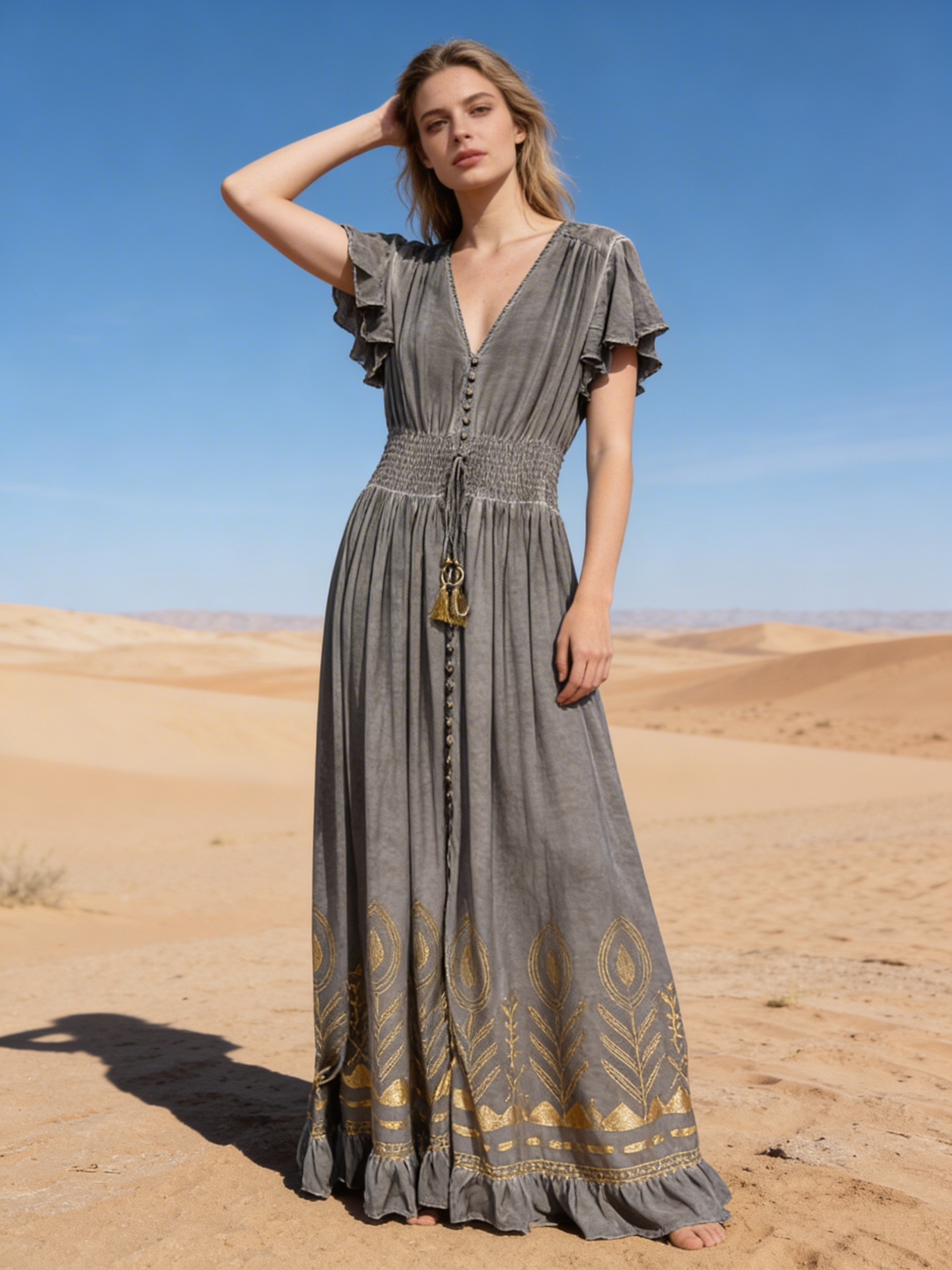 Mayorista Last Queen - Vestido largo con estampado de efecto dorado en estilo bohemio. Cuello en V y mangas cortas con volantes