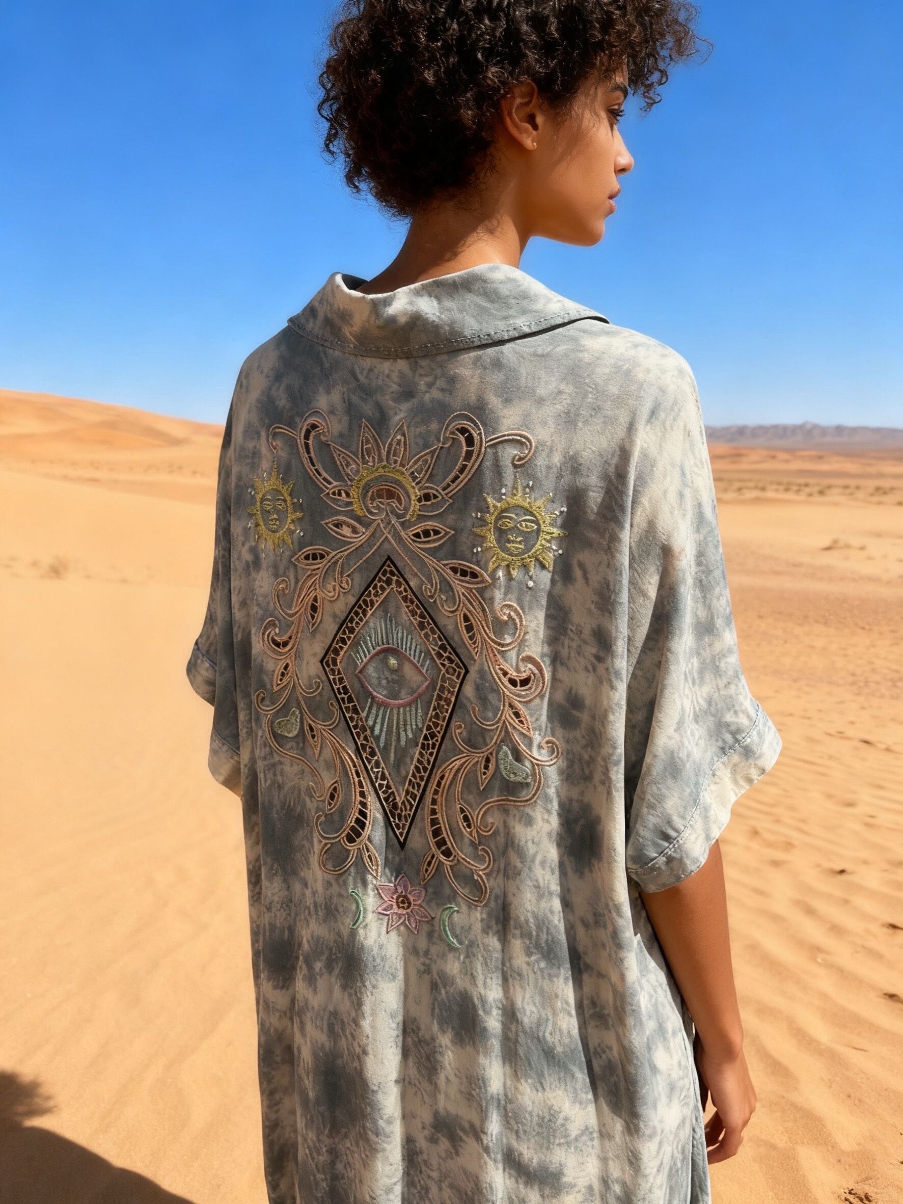 Wholesaler Last Queen - Long dress with back embroidery, V-neck, flared cut with hidden pockets