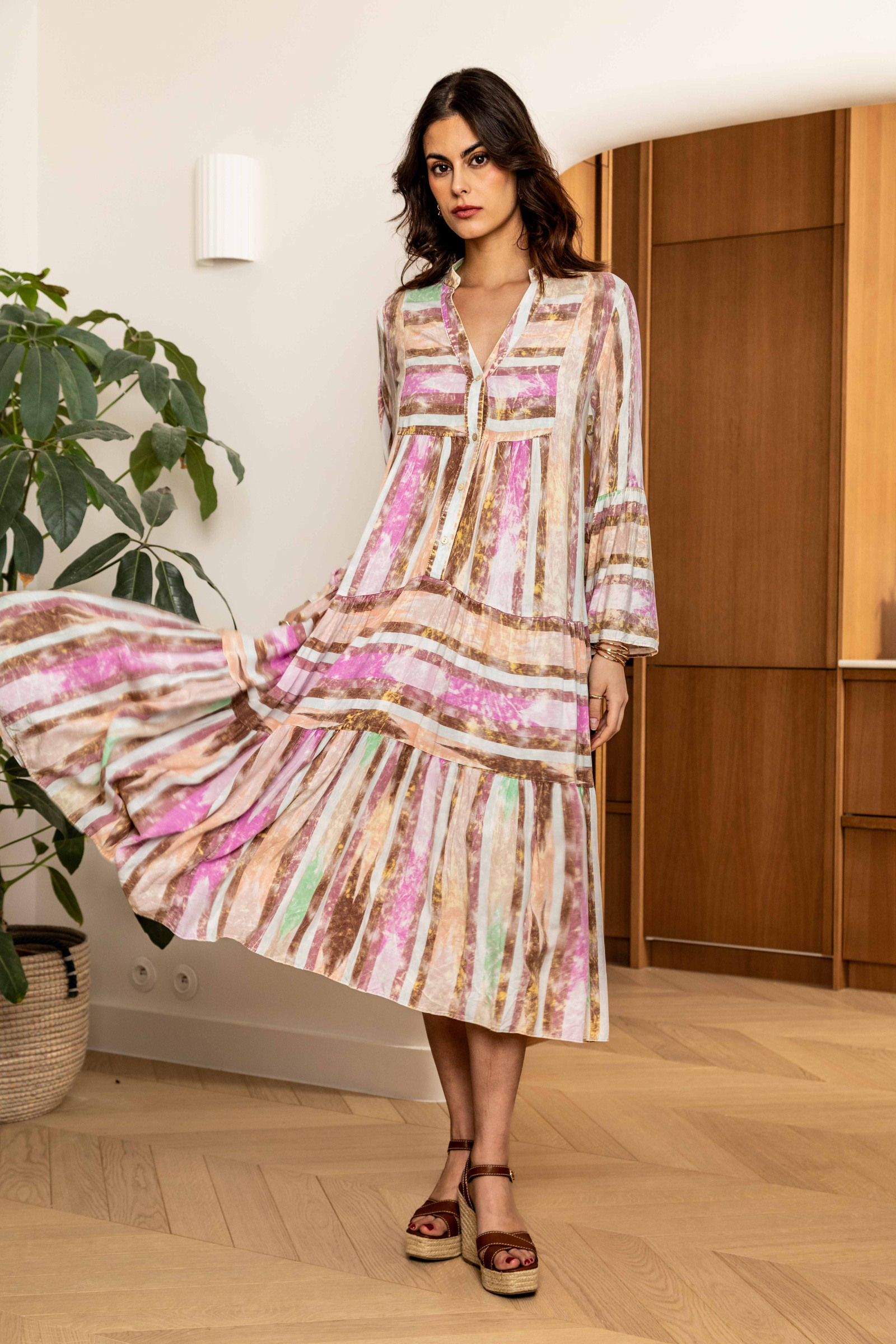 Grossiste Last Queen - Robe longue à imprimé rayure , style délavé , coupe évasée