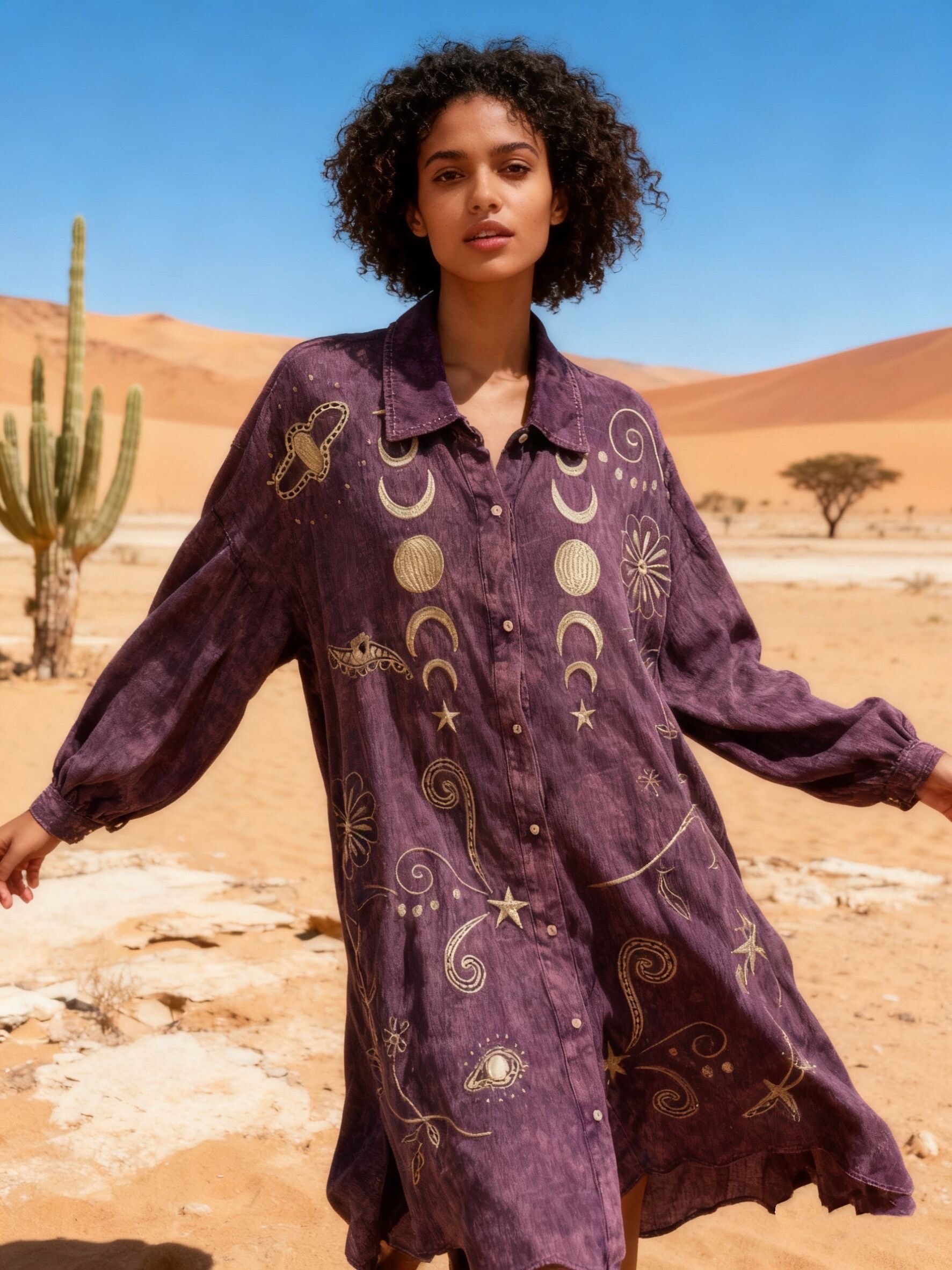 Wholesaler Last Queen - Shirt dress with embroidery, V-neck, flared cut, washed fabric