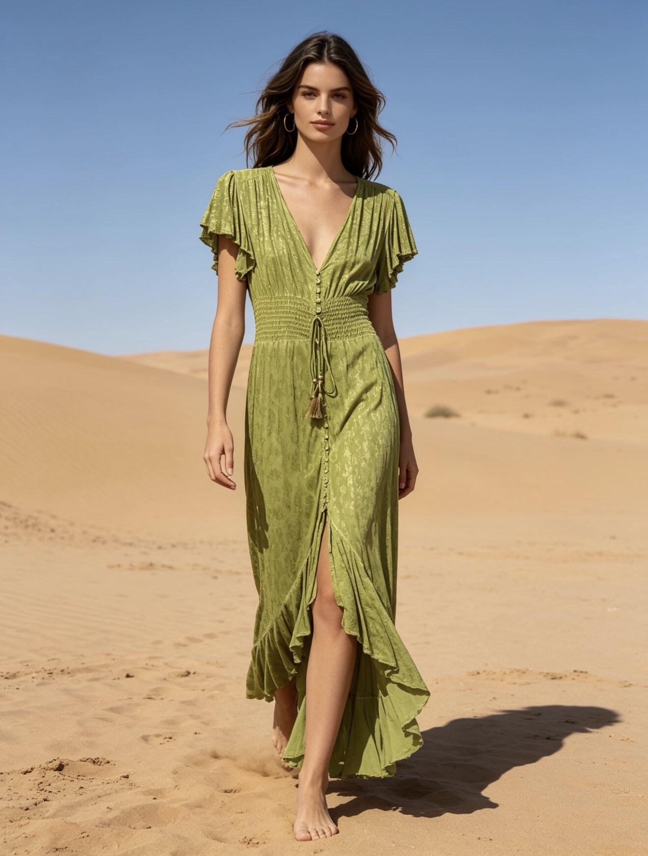 Mayorista Last Queen - Vestido asimétrico con estampado dorado, cuello en V con botones frontales