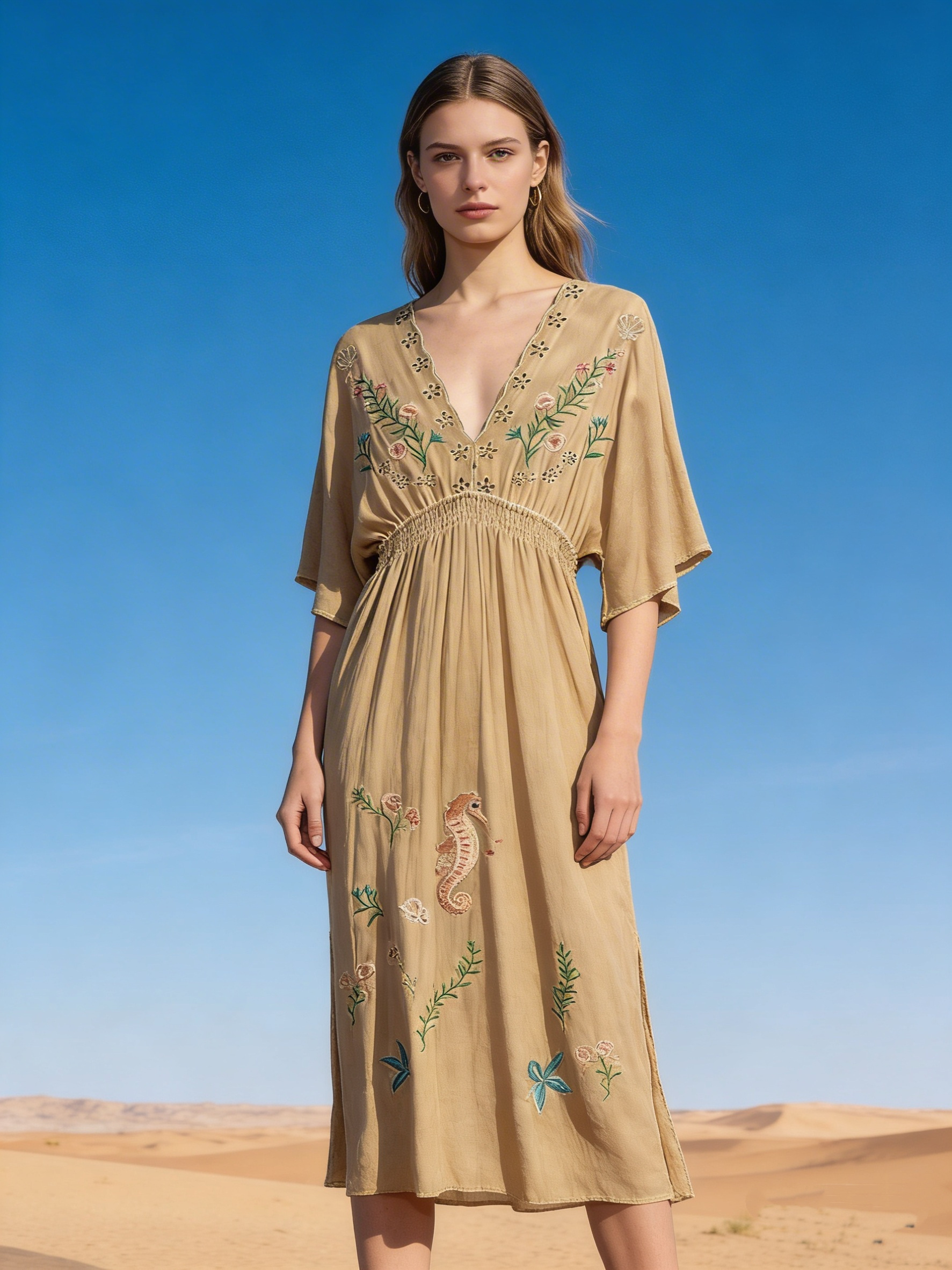 Mayorista Last Queen - Vestido largo con bordado floral, cuello en V