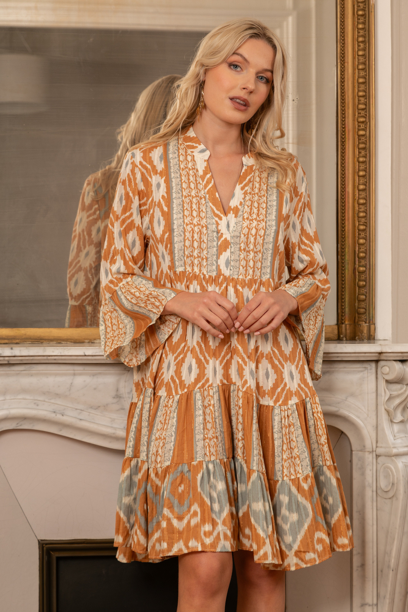 Grossiste Last Queen - Robe tunique à  impriméavec Lurex , coupe évasée