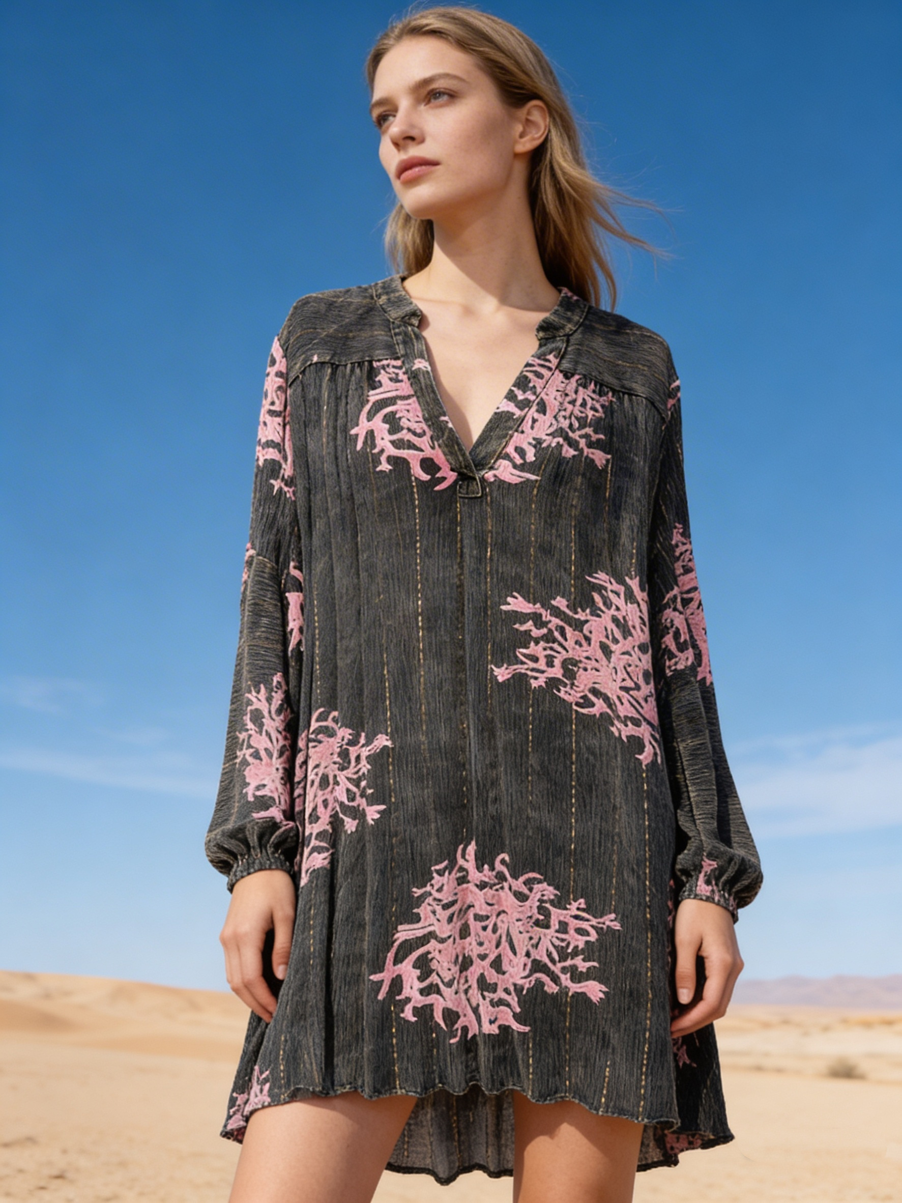 Grossista Last Queen - Abito camicia con stampa corallo effetto dorato, stile sbiadito con Lurex, taglio svasato