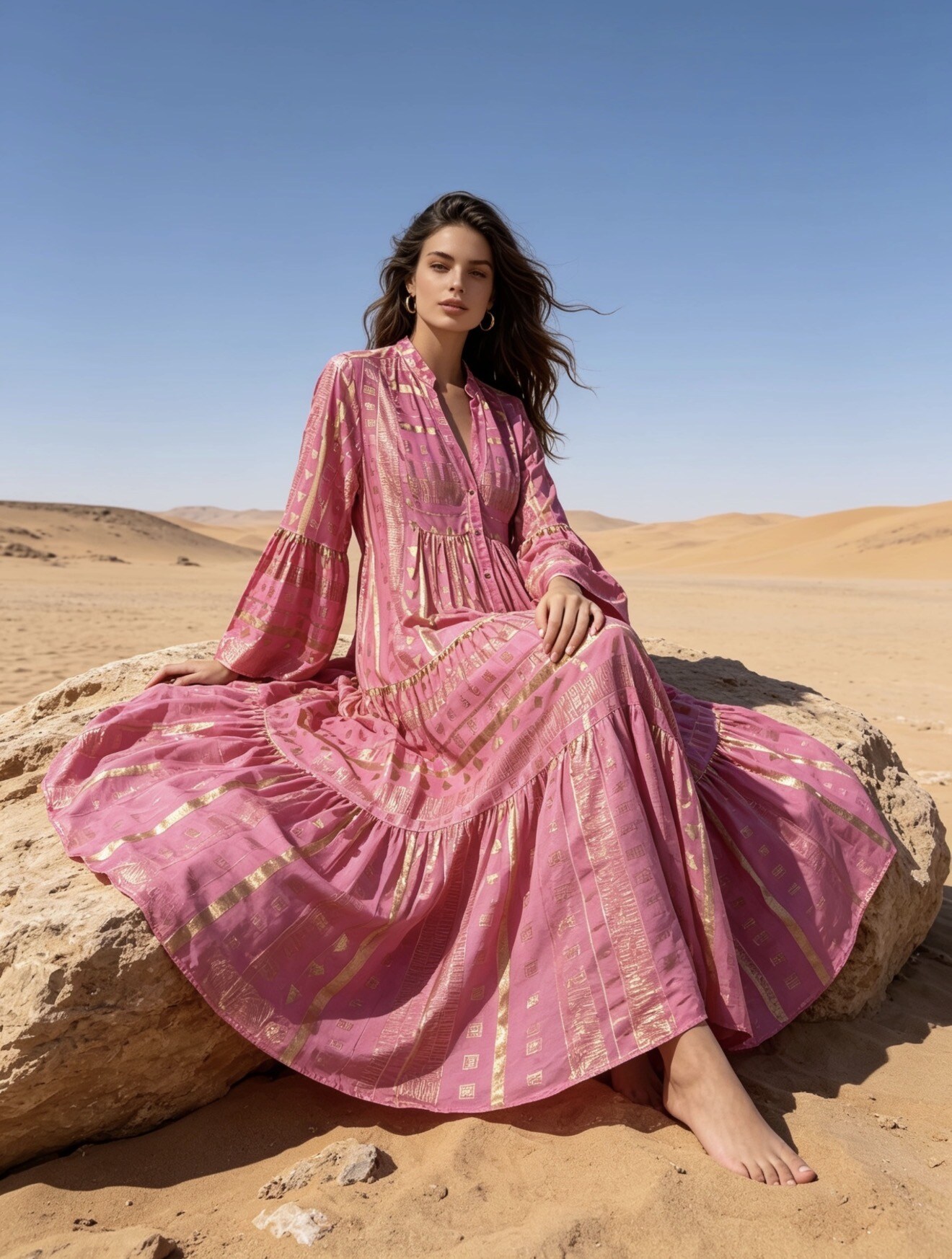 Wholesaler Last Queen - Long printed dress with gilded effect, flared cut, washed-out style
