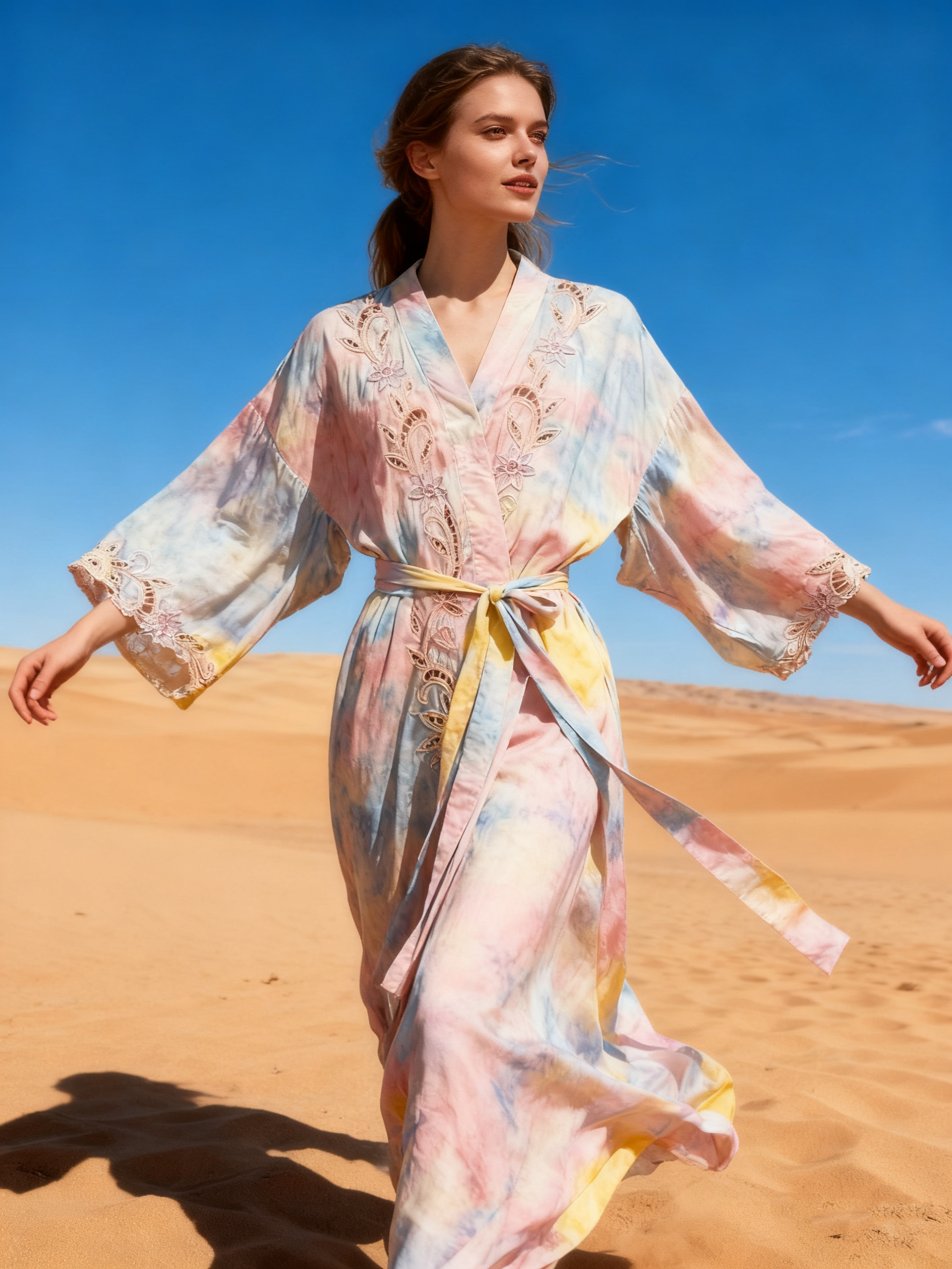 Wholesaler Last Queen - Flowy kimono dress with openwork embroidery, flared cut, invisible pockets